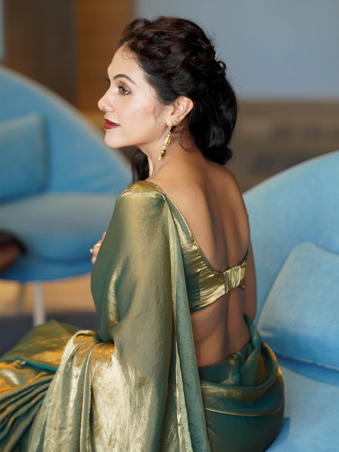 Green Copper Metallic Satin Saree with Leaf Sequins and Blouse Fabric