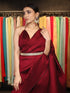 3 pc SET -Maroon Pant Saree Pleated with Leaf Halter blouse and Dazzling Belt