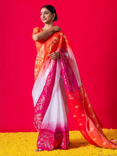 White Linen Ganga Yamuna Red & Orange Saree with Blouse Fabric