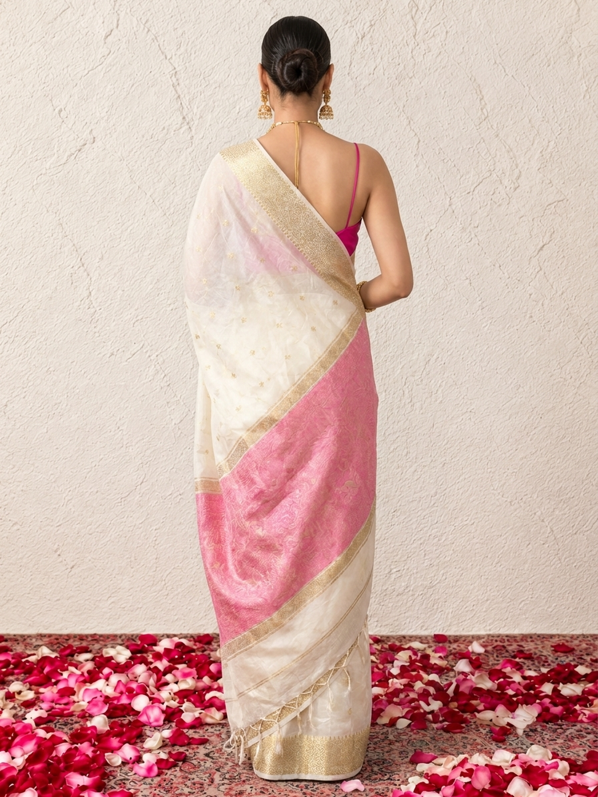 Cream and Baby Pink Chanderi Cotton Silk Saree with Matching Pink Blouse Fabric