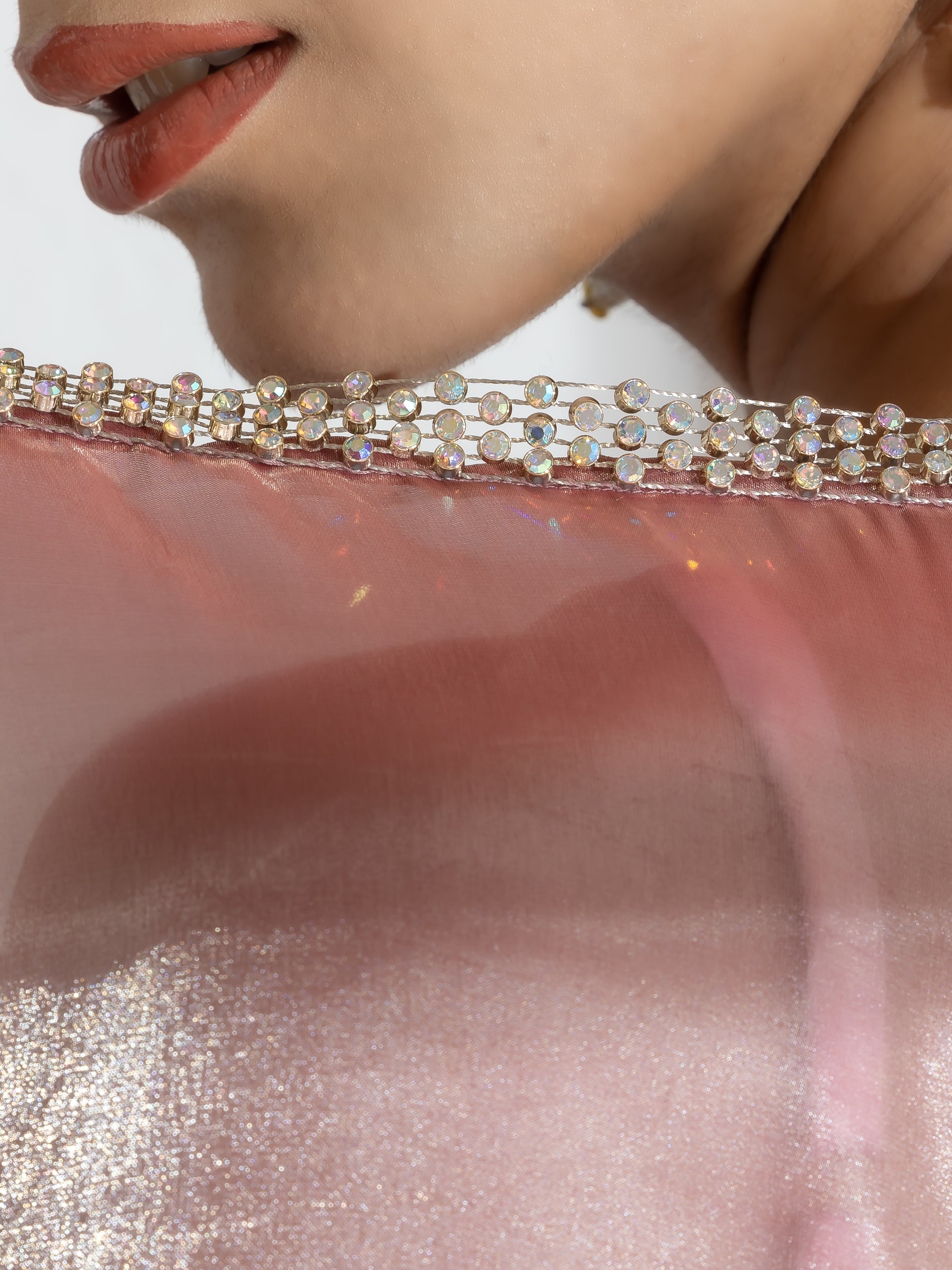 Mettalic Bloom Organza Satin Saree with Diamond Studs and Self Blouse Fabric