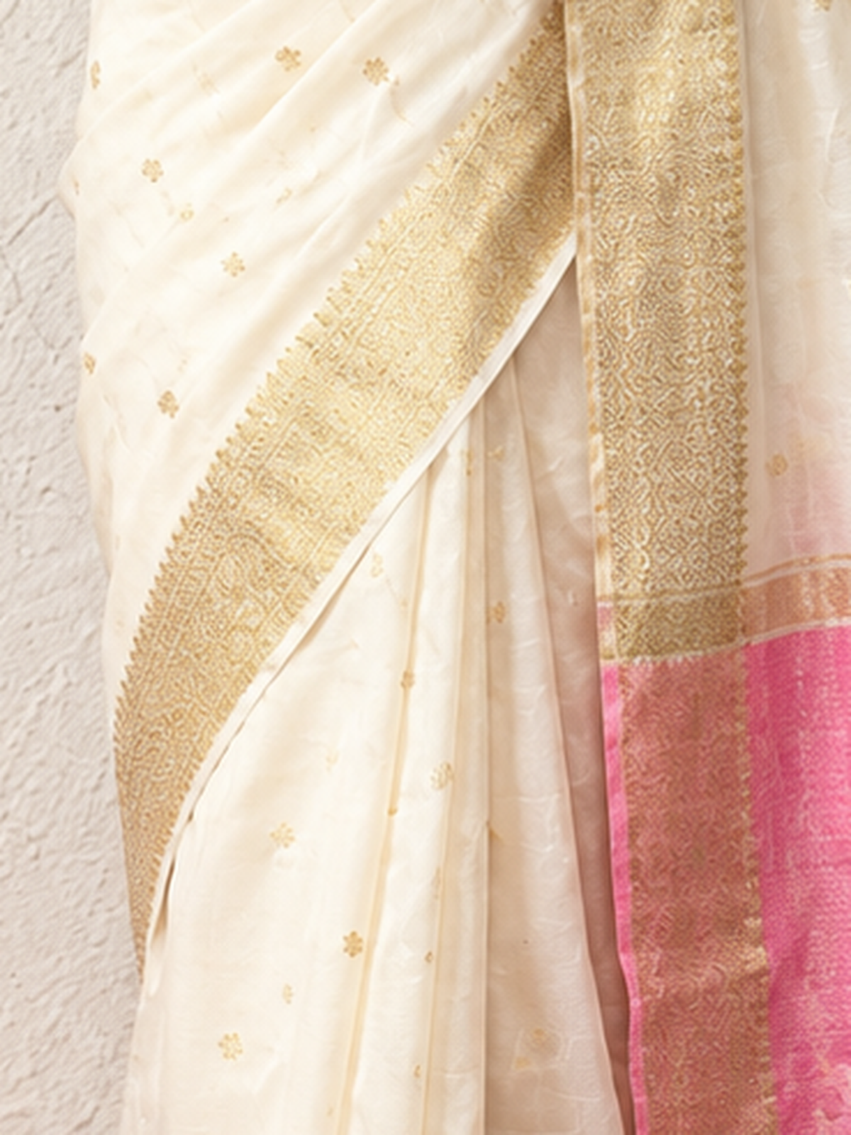 Cream and Baby Pink Chanderi Cotton Silk Saree with Matching Pink Blouse Fabric