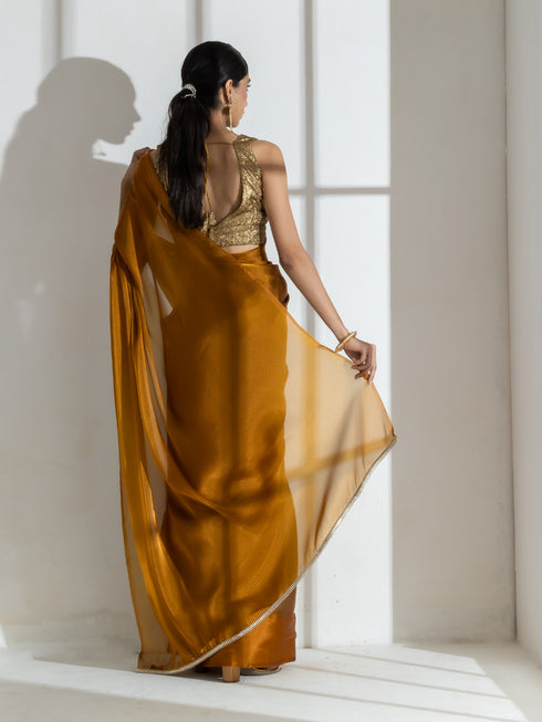 Brushed Bronze Organza Saree with Diamond Lace & Self Blouse Fabric