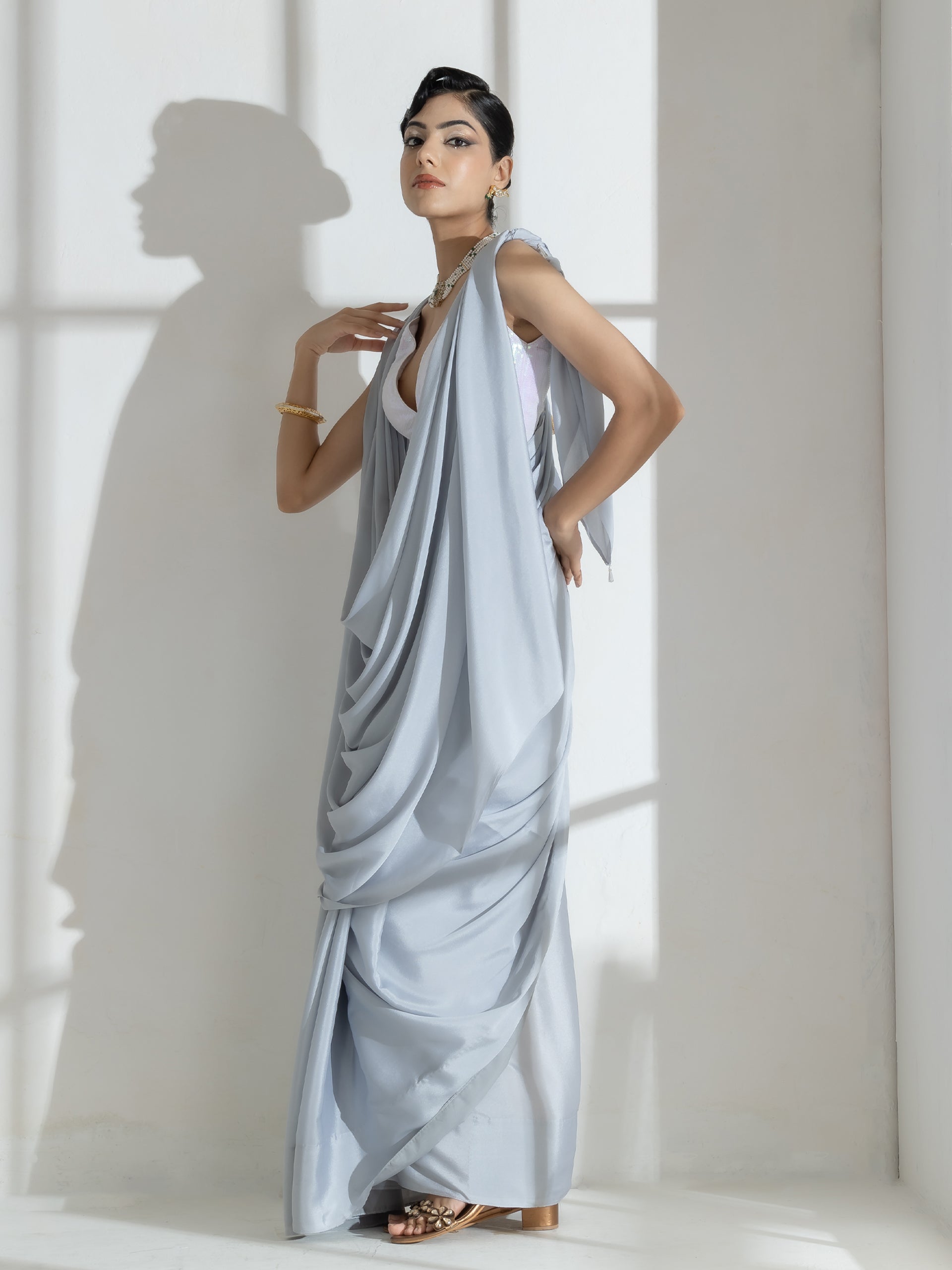 Quartz Grey Crepe Saree with beads and self Blouse fabric