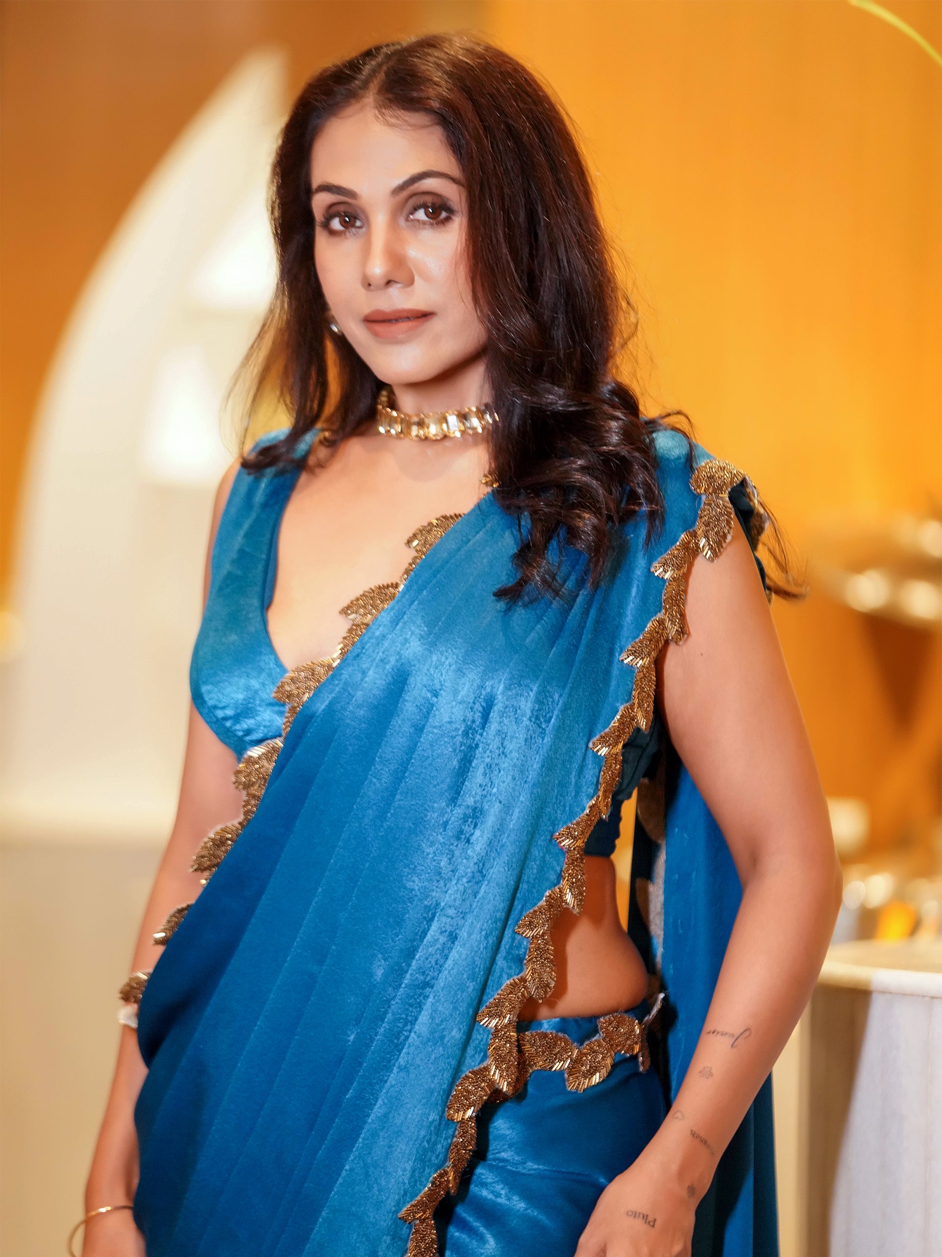 Bridal Posh Blue Saree with Bronze Leaf Hand Stitched Lace with Blouse Fabric