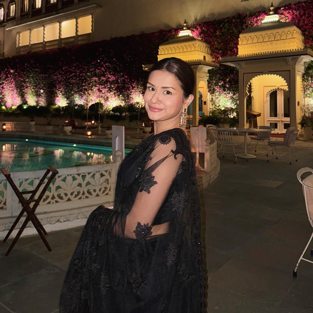 Black Net Saree with Embroidery & Scalloping