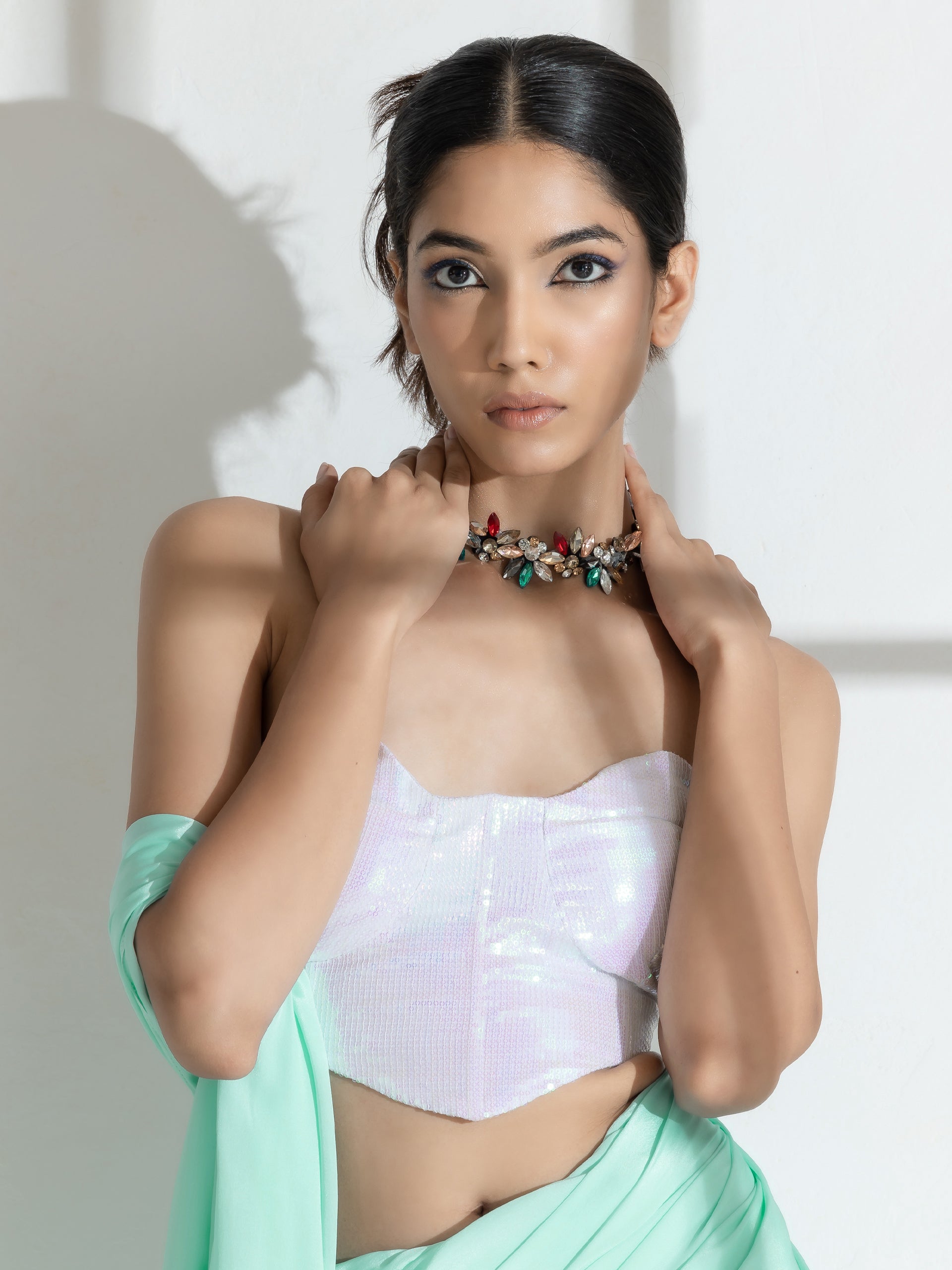 Cool Ice Crepe saree with Beads and Self Blouse fabric