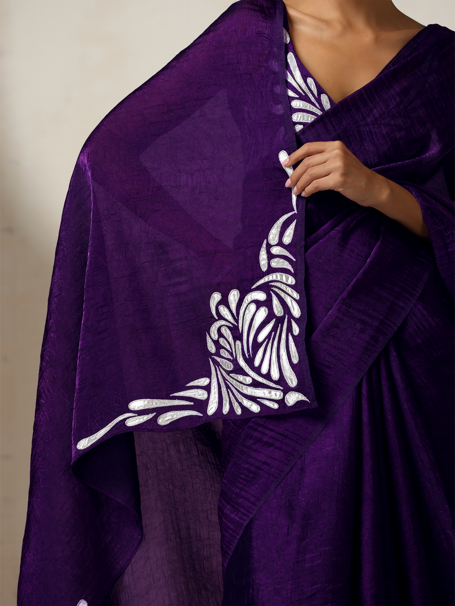 Purple Crushed Metallic Satin with Silver Embroidery On Saree and Blouse Fabric