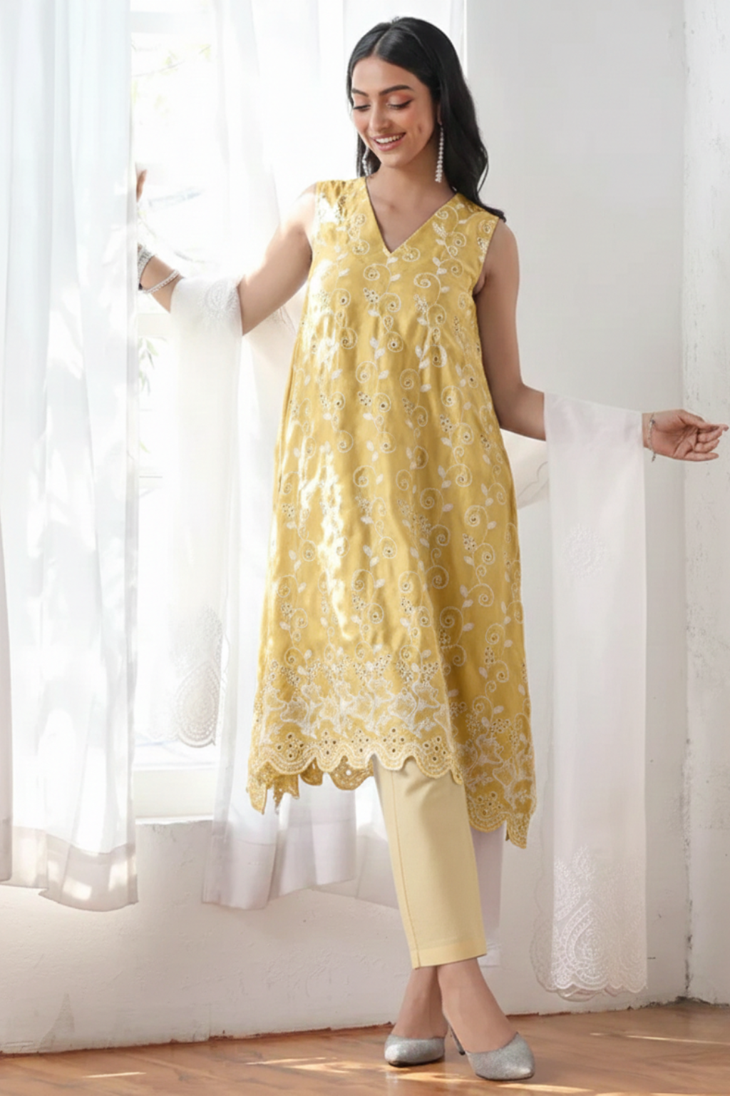2 Pc Set - Sunshine Yellow Cotton Allover Embroidered Schffli Sleeveless Kurta with Pants