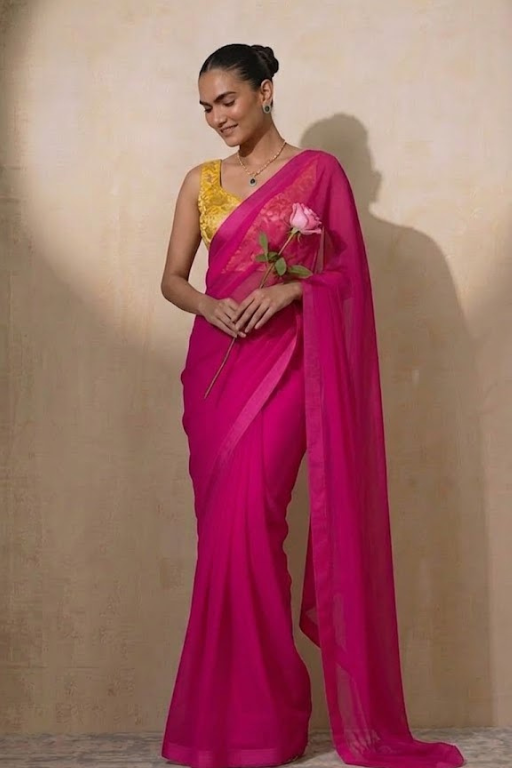 With Stitched Blouse - Yellow Brocade Blouse with Pink Chiffon Saree (Blouse has sleeve attached)