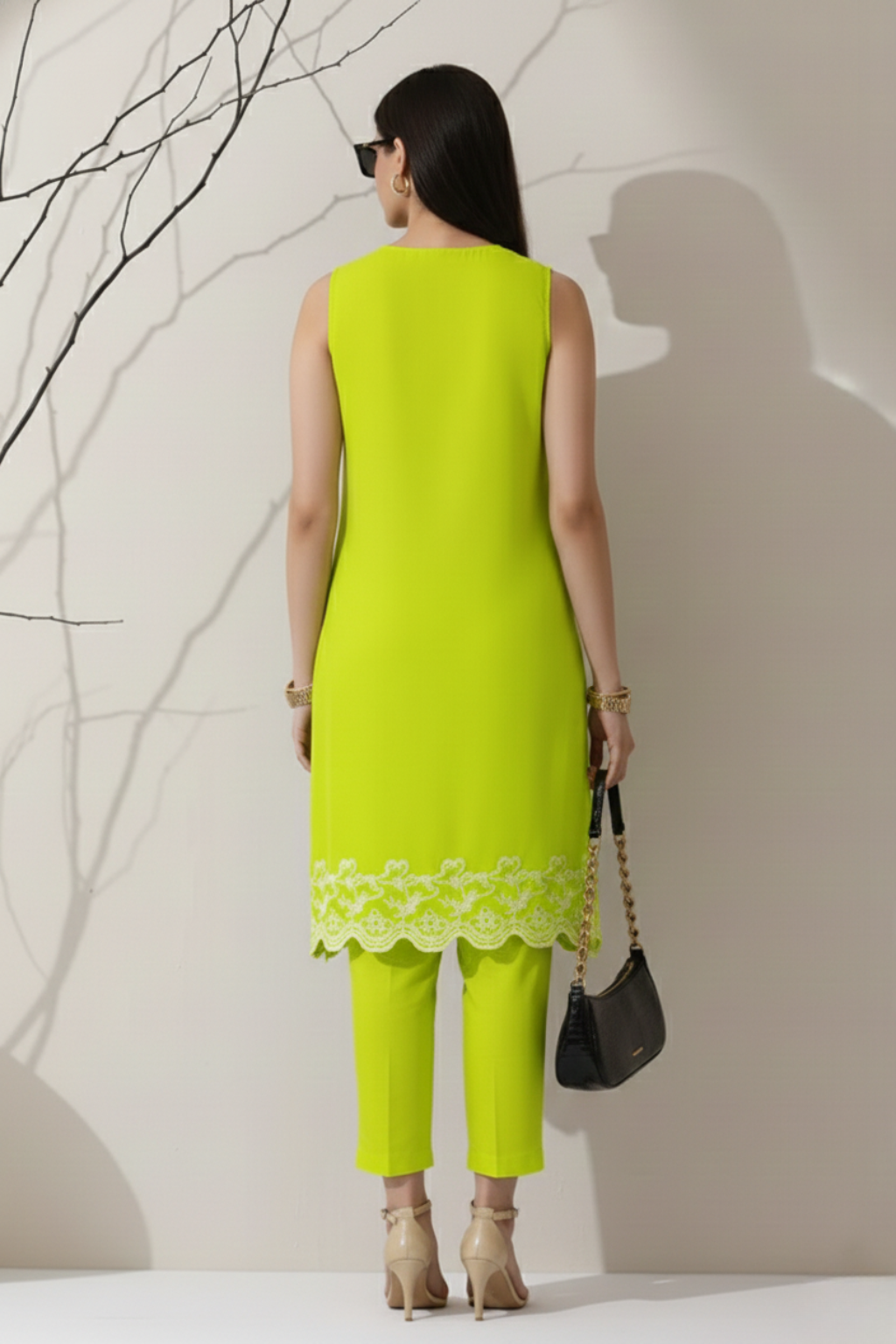 2 Pc Set - Sinful Green Cotton Border Schffli Sleeveless Kurta with Pants