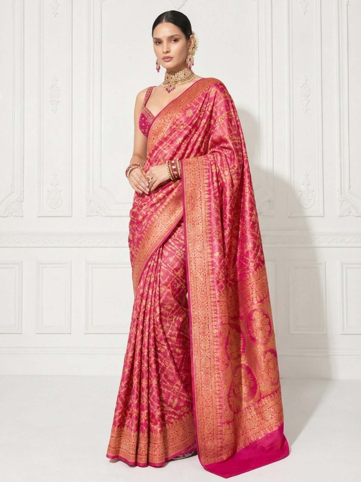 Pink Khaddi Georgette with Fuchsia Orange Design and Blouse Fabric