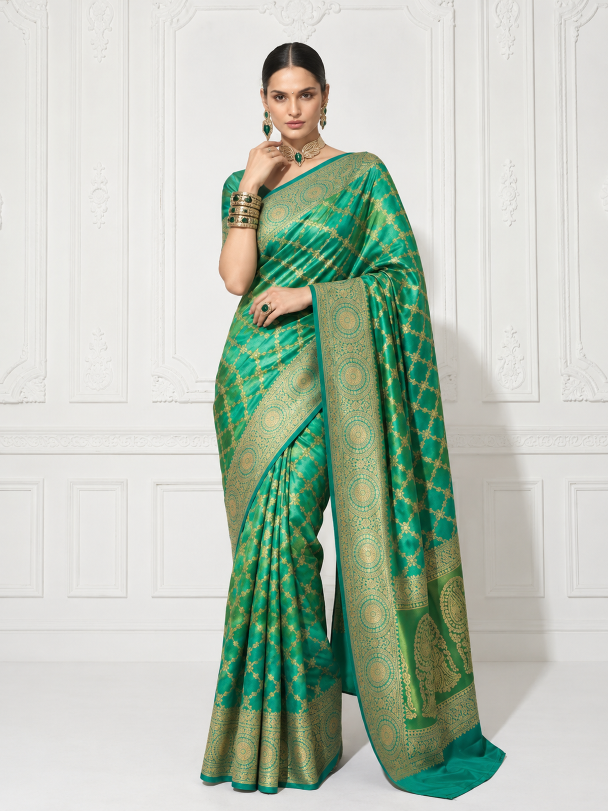 Blue Khaddi Georgette with Green Turq Design and Blouse Fabric