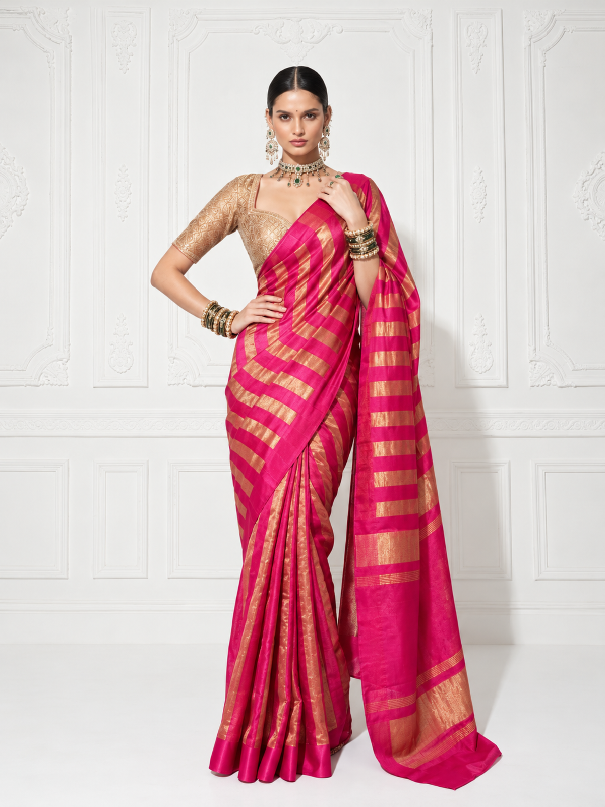 Dhoop Chaun Pure Silk Tissue Pink Gold Stripes Saree with Mashru Border and Blouse Fabric