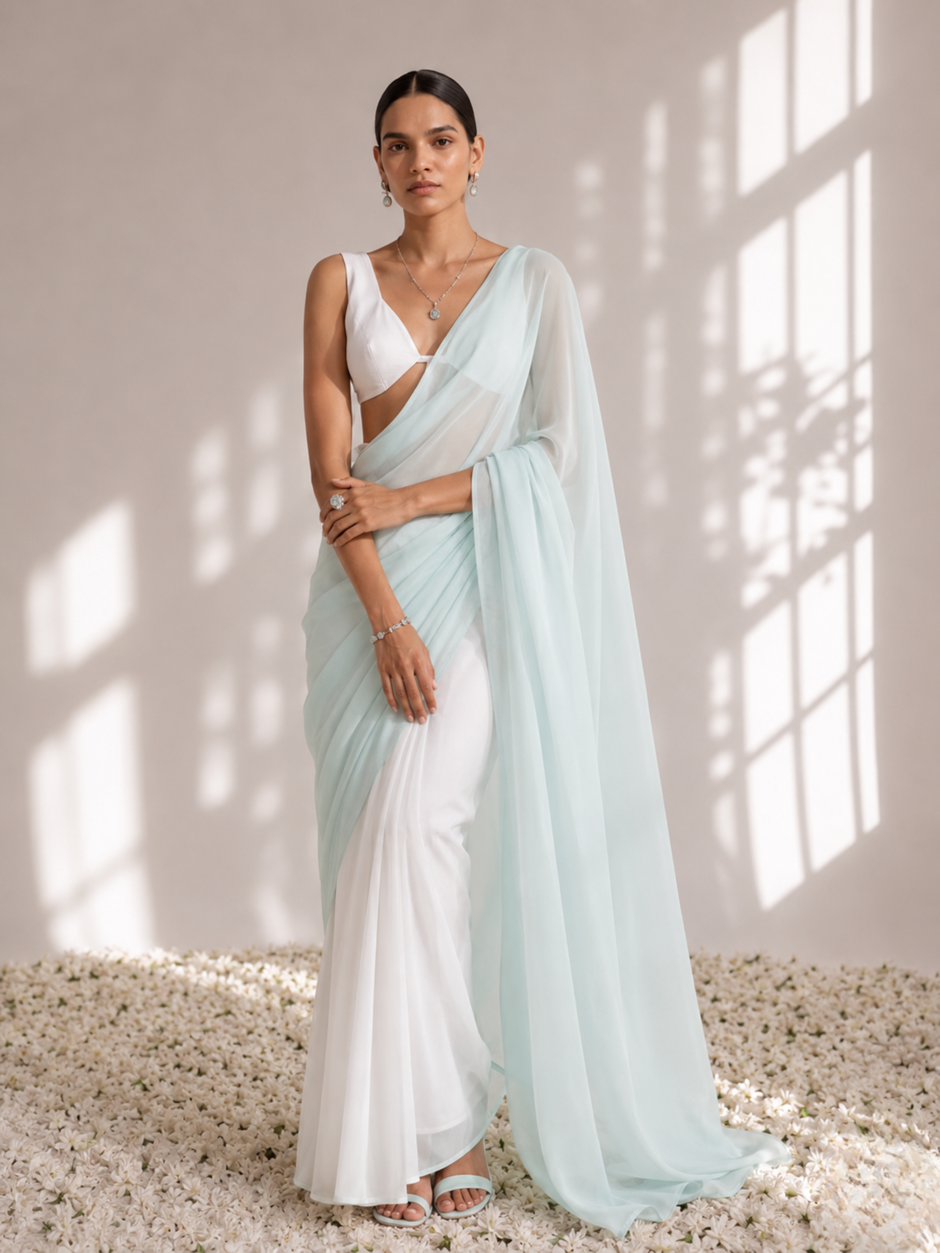 White and Light Blue Saree with Blouse Fabric