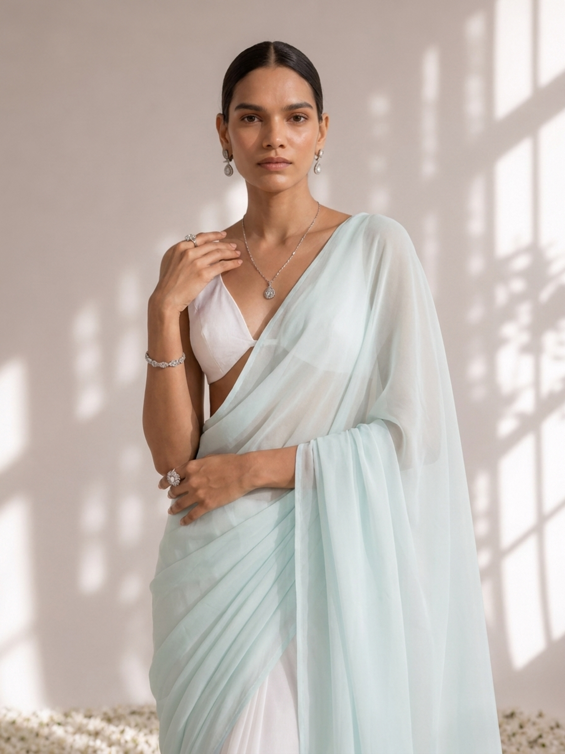 White and Light Blue Saree with Blouse Fabric