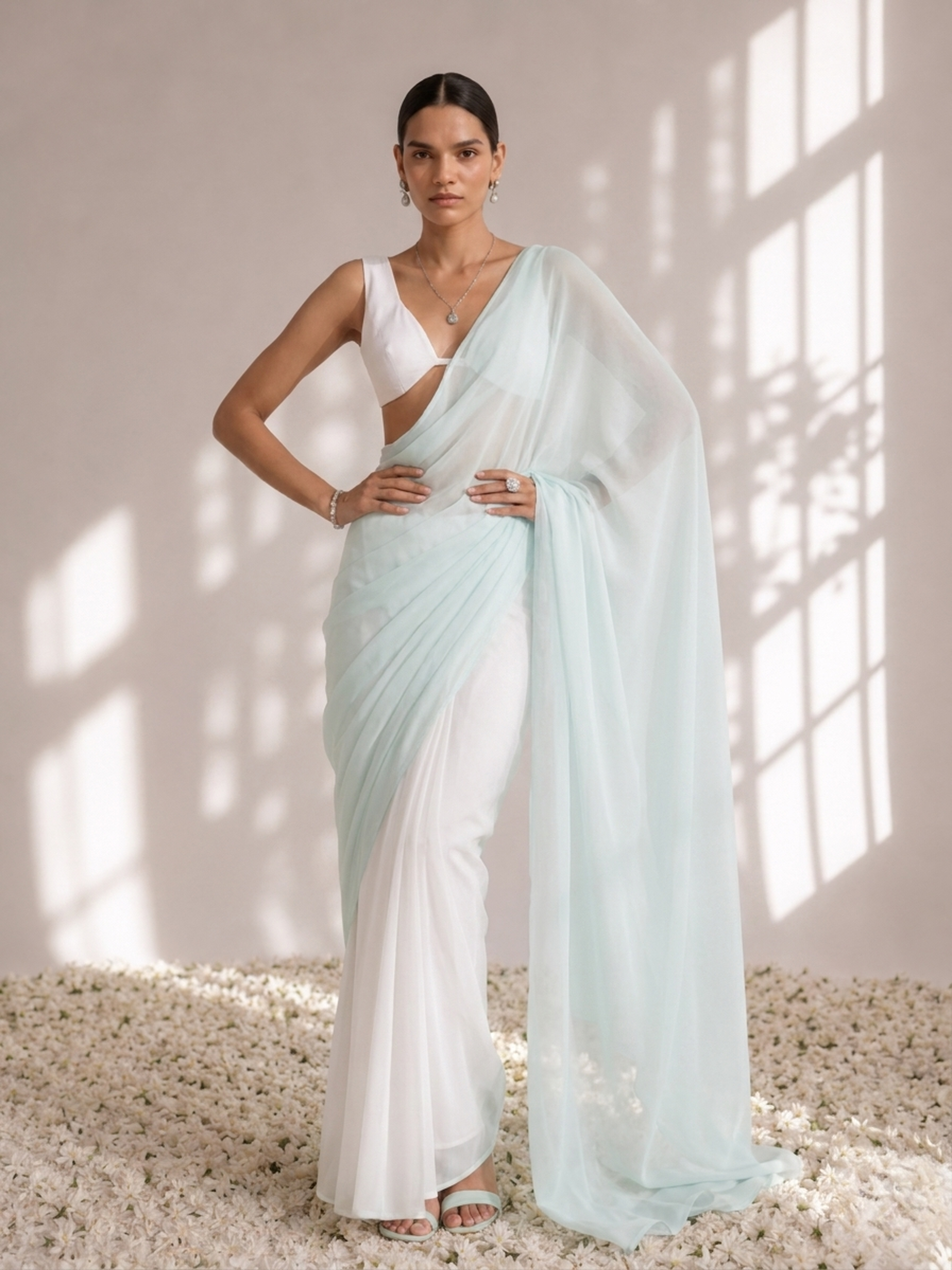 White and Light Blue Saree with Blouse Fabric