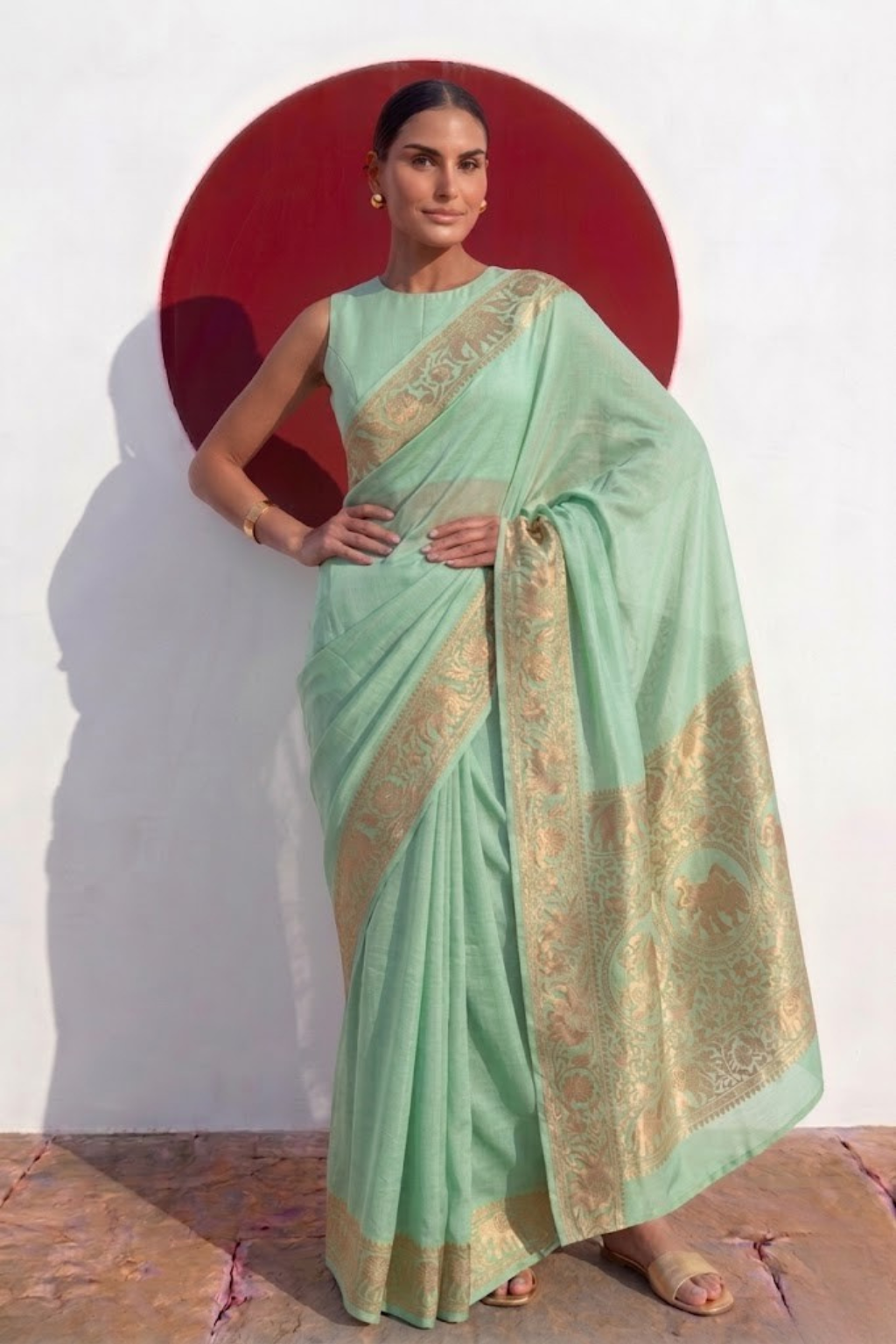Dola Mint Border Silk saree with Zari Border and Blouse Fabric