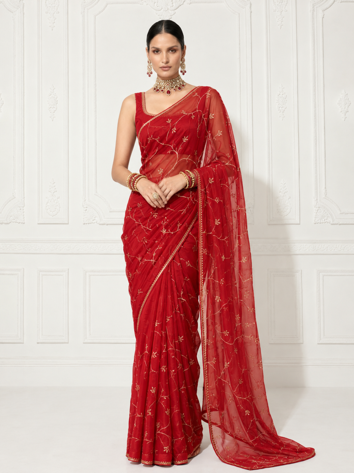 Red Pink Ombre Silk Chiffon Saree with Allover Hand Embroidery with Crepe Blouse Fabric