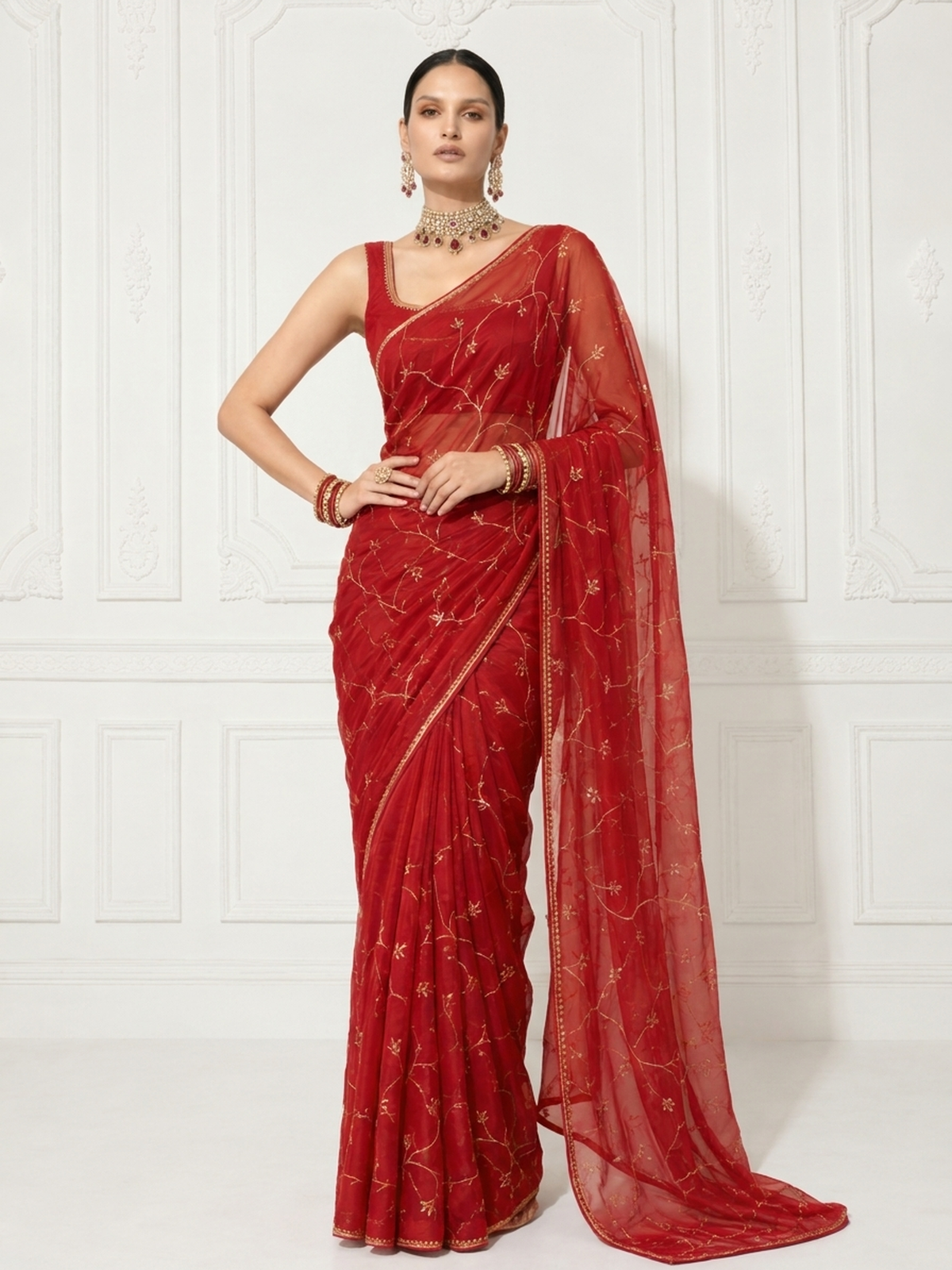 Red Pink Ombre Silk Chiffon Saree with Allover Hand Embroidery with Crepe Blouse Fabric