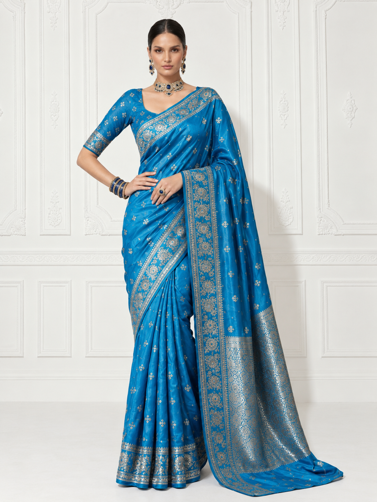 Blue and Silver Pure Silk Saree with Meenakari and Blouse Fabric