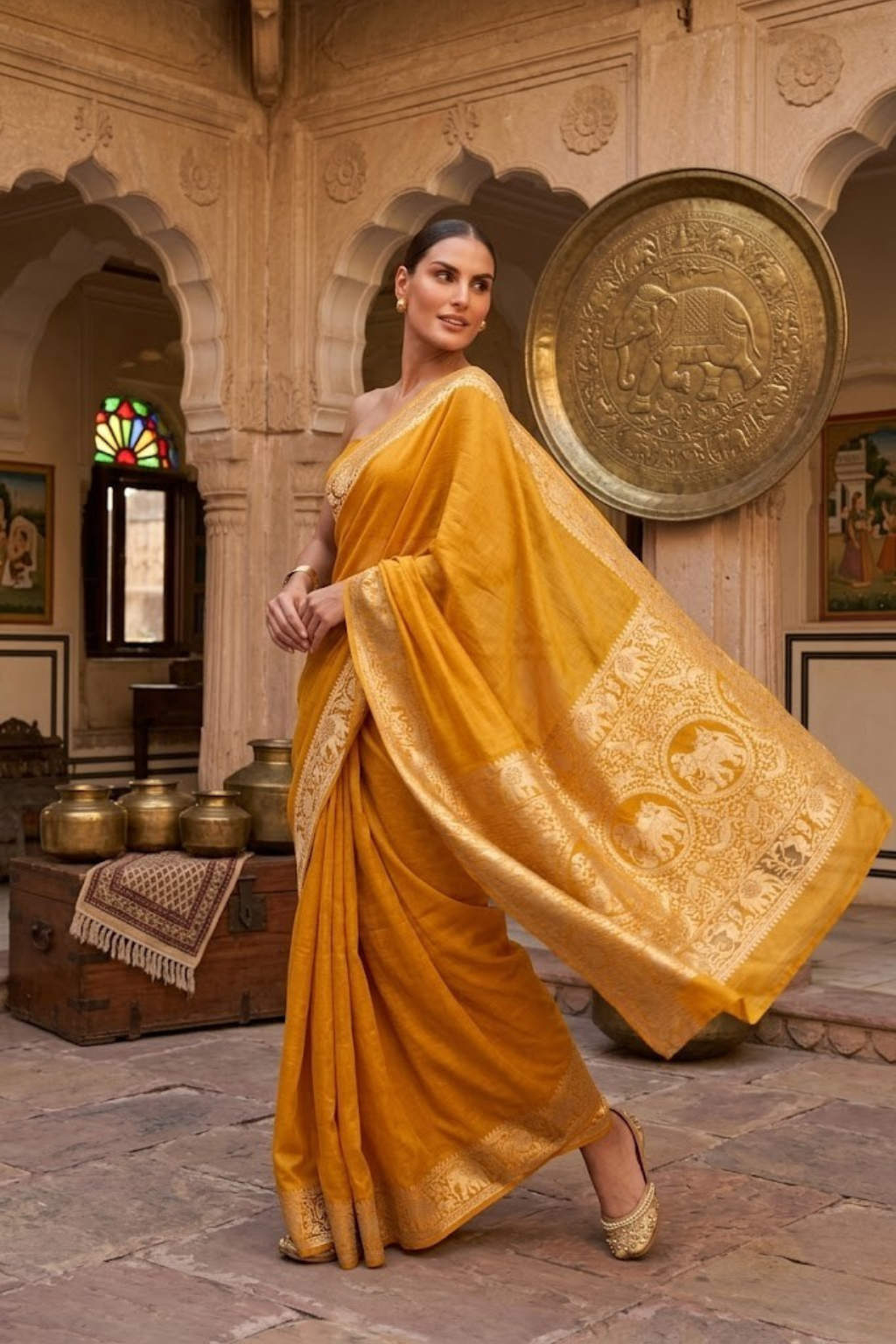 Dola Yellow Border Silk saree with Zari Border and Blouse Fabric