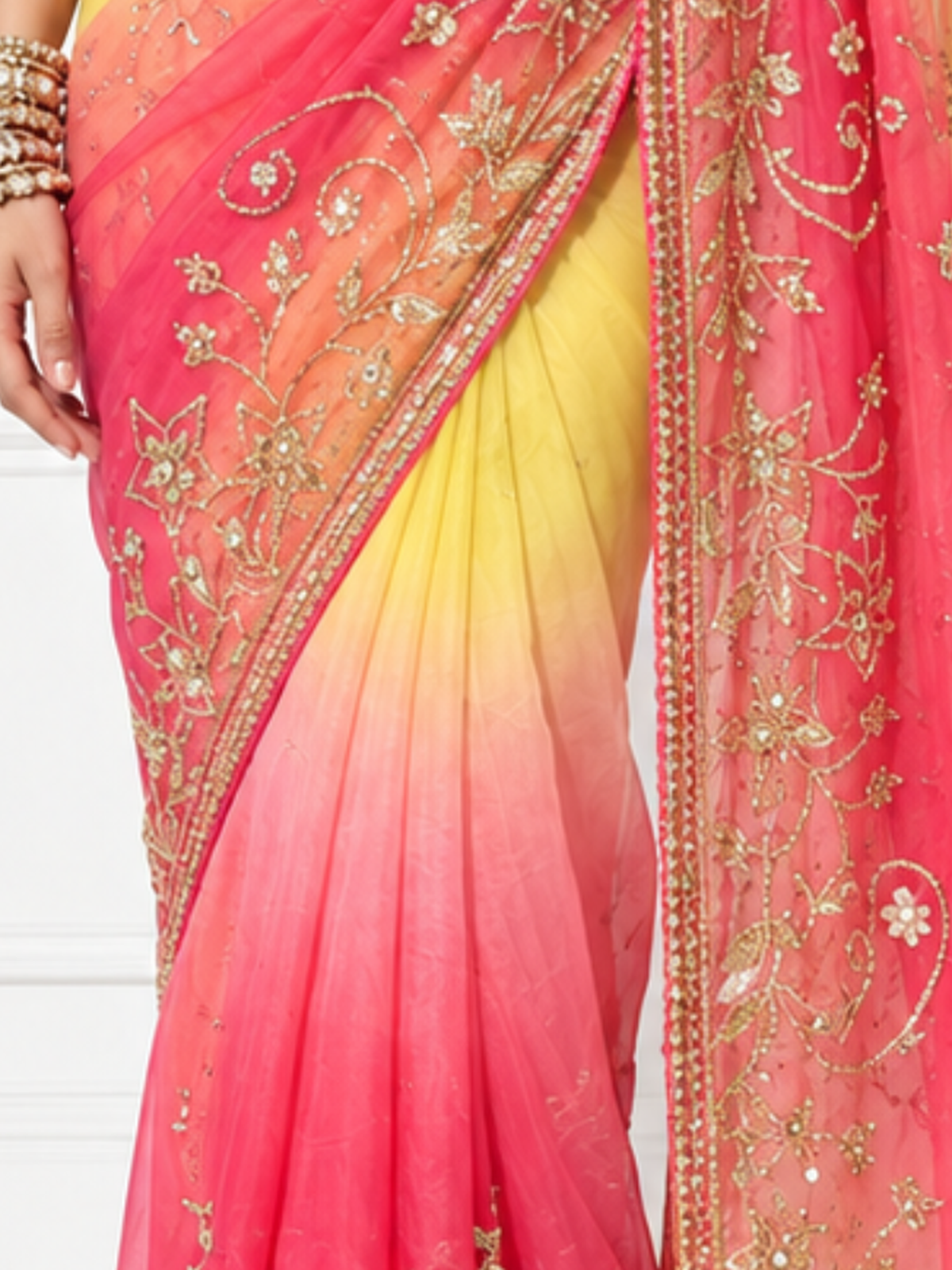 Pink and Yellow Ombre Gota Patti Kairi Border Pure Silk Chiffon Saree with Crepe Blouse Fabric