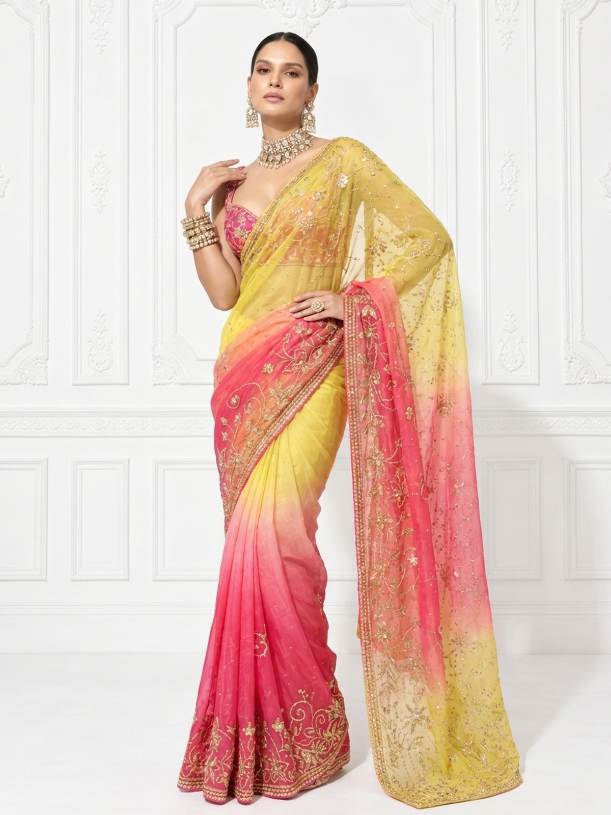 Pink and Yellow Ombre Gota Patti Kairi Border Pure Silk Chiffon Saree with Crepe Blouse Fabric