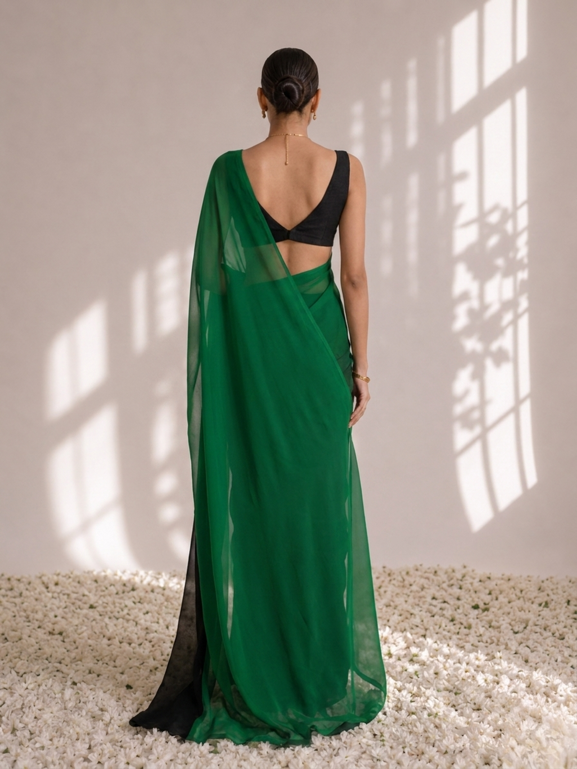 Black and Green Georgette Triangle Saree with Blouse Fabric
