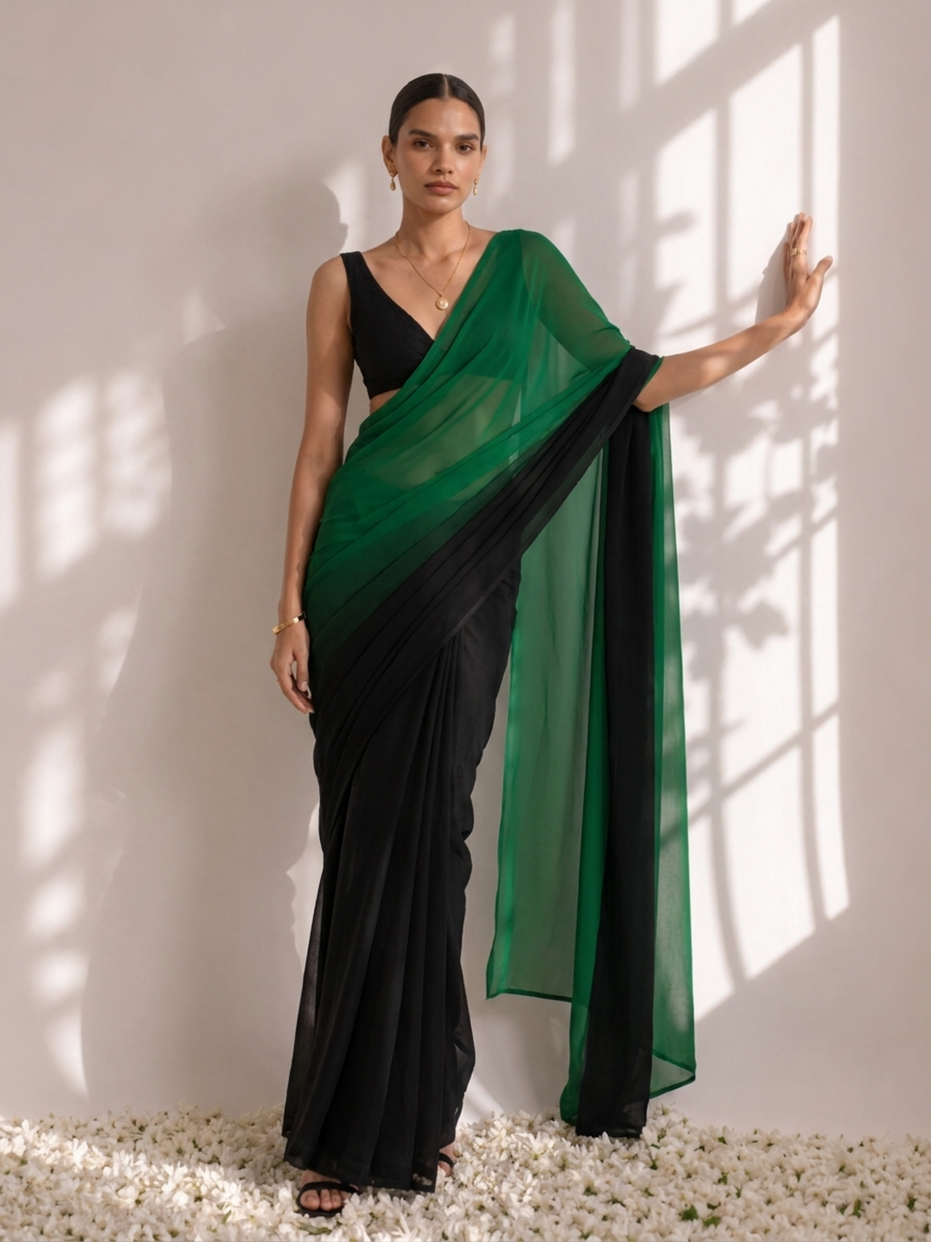 Black and Green Georgette Triangle Saree with Blouse Fabric