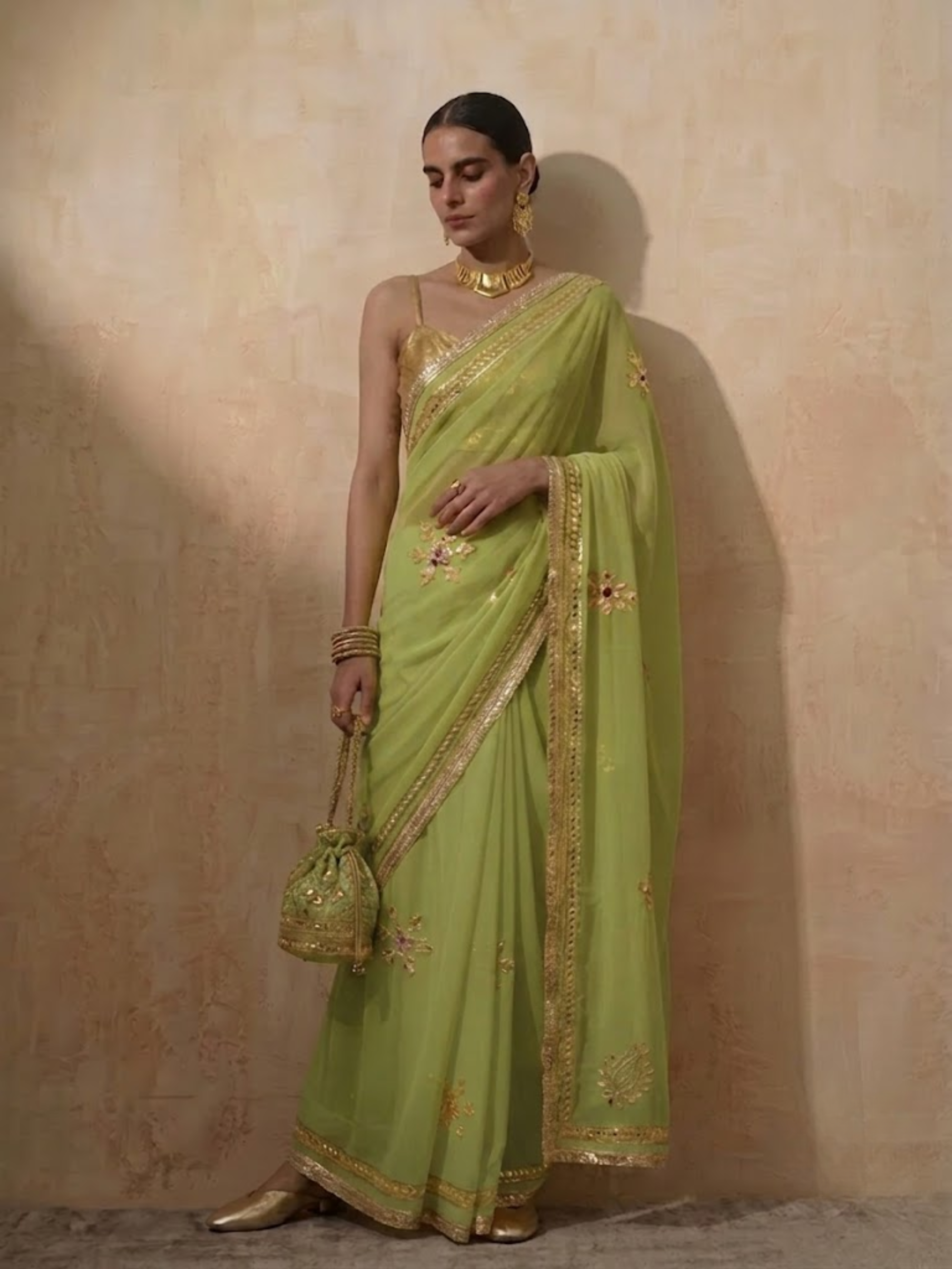 Mehndi Chiffon Saree with Gota Patti Handwork Patches with Self Fabric Blouse