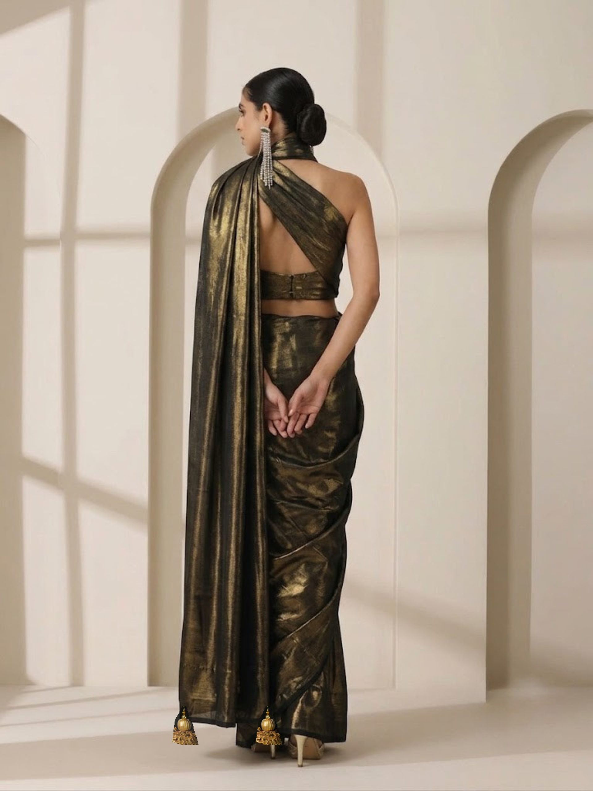 Black Gold Saree with Gold Pendants