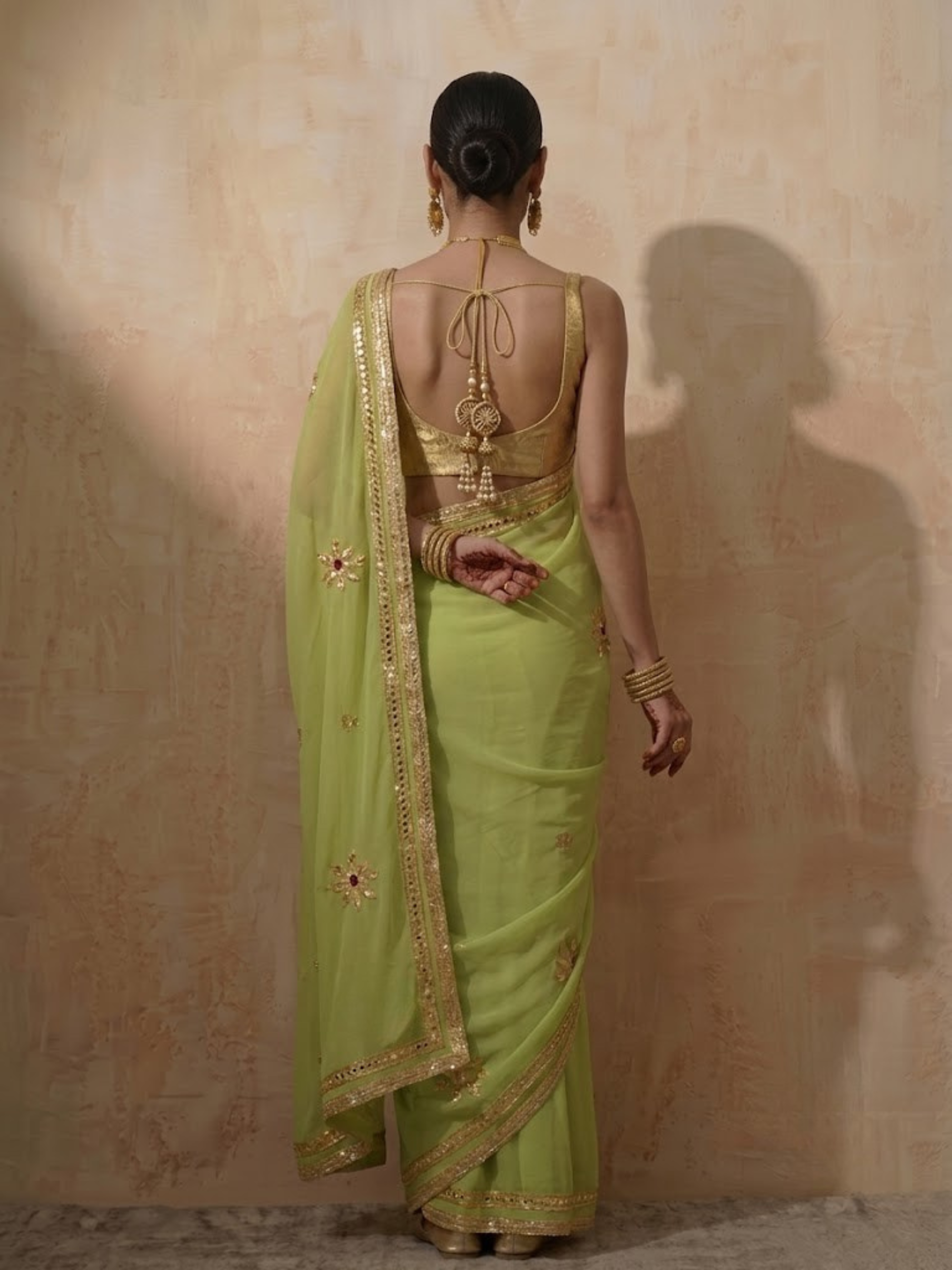 Mehndi chiffon saree with Gota patti handwork patches with self fabric blouse — view 5