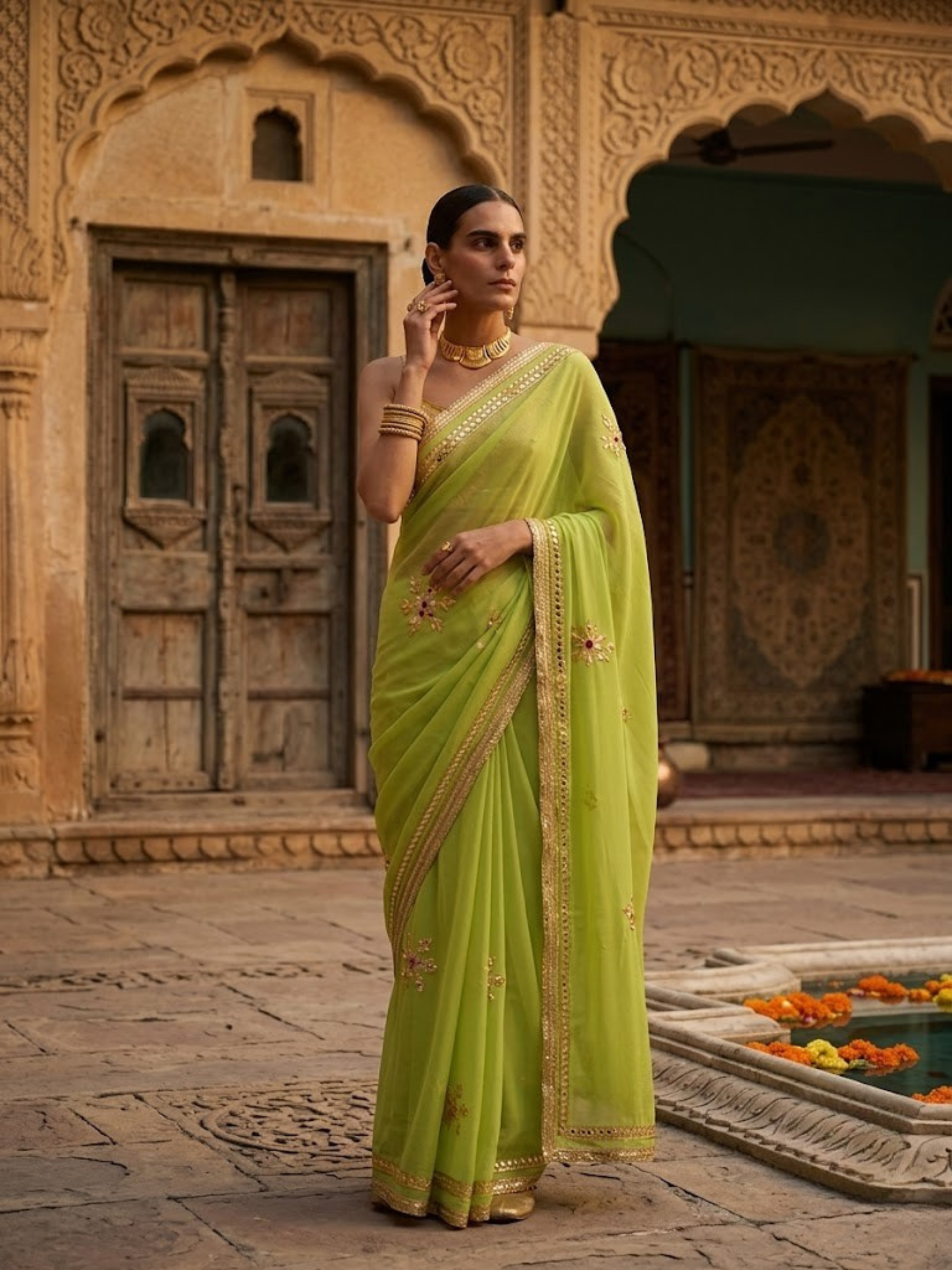 Mehndi chiffon saree with Gota patti handwork patches with self fabric blouse — view 4