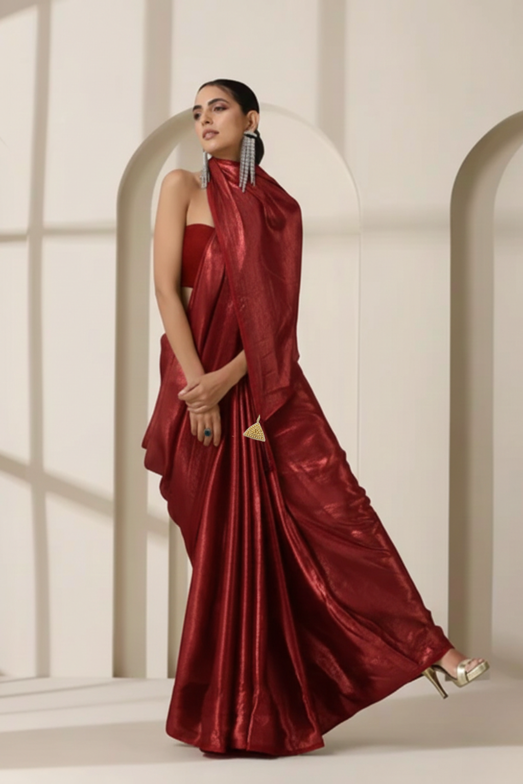 Cruella Red Gold Chiffon Saree with Pendants with Self Blouse Fabric