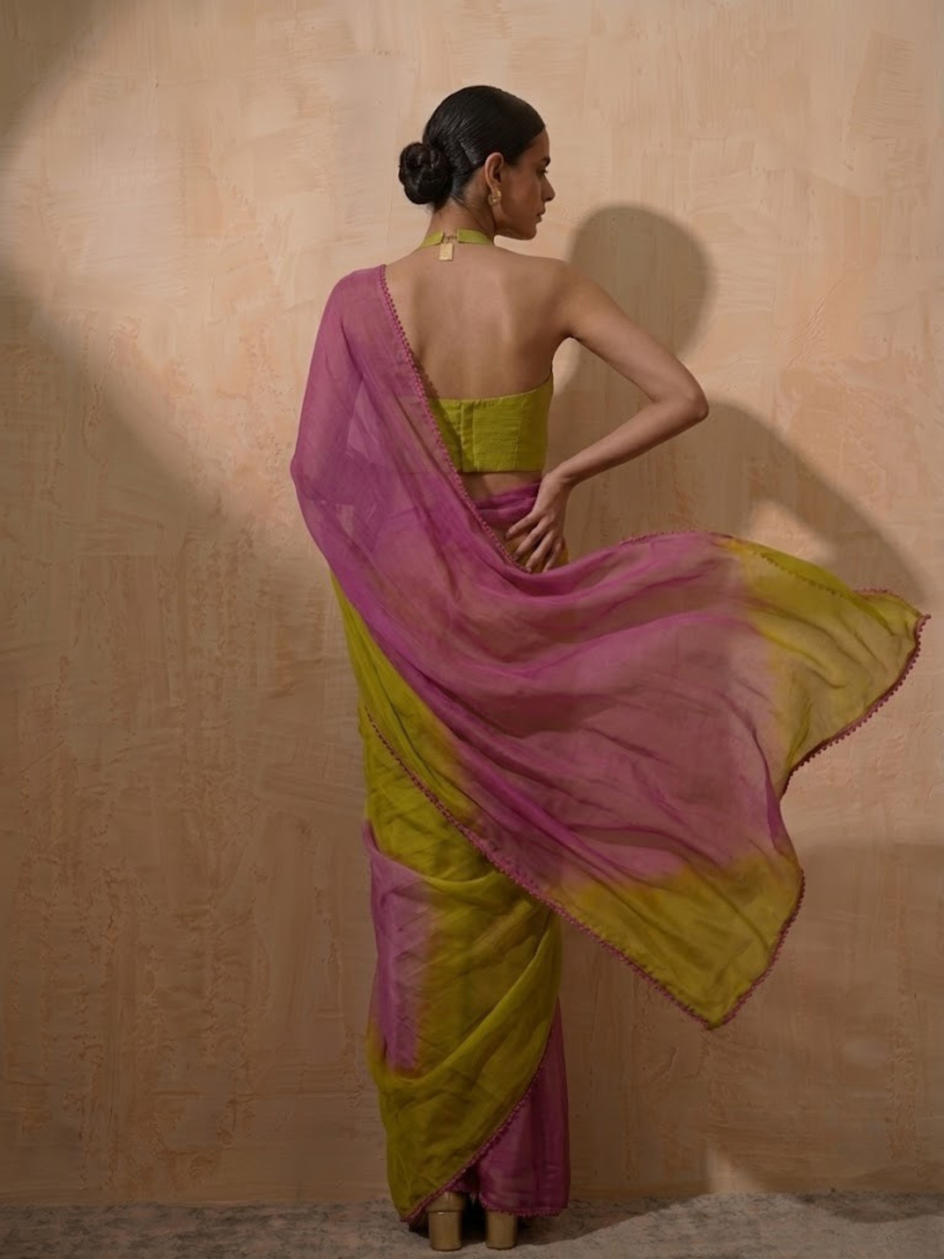 Lilac and green ombre chiffon saree with self fabric blouse — view 4