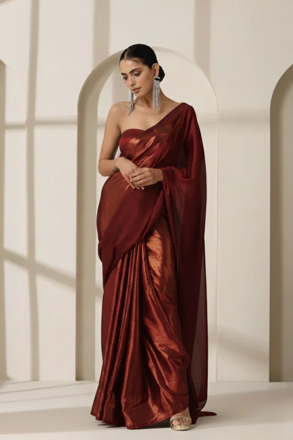 Cruella Red Gold Chiffon Saree with Pendants with Self Blouse Fabric