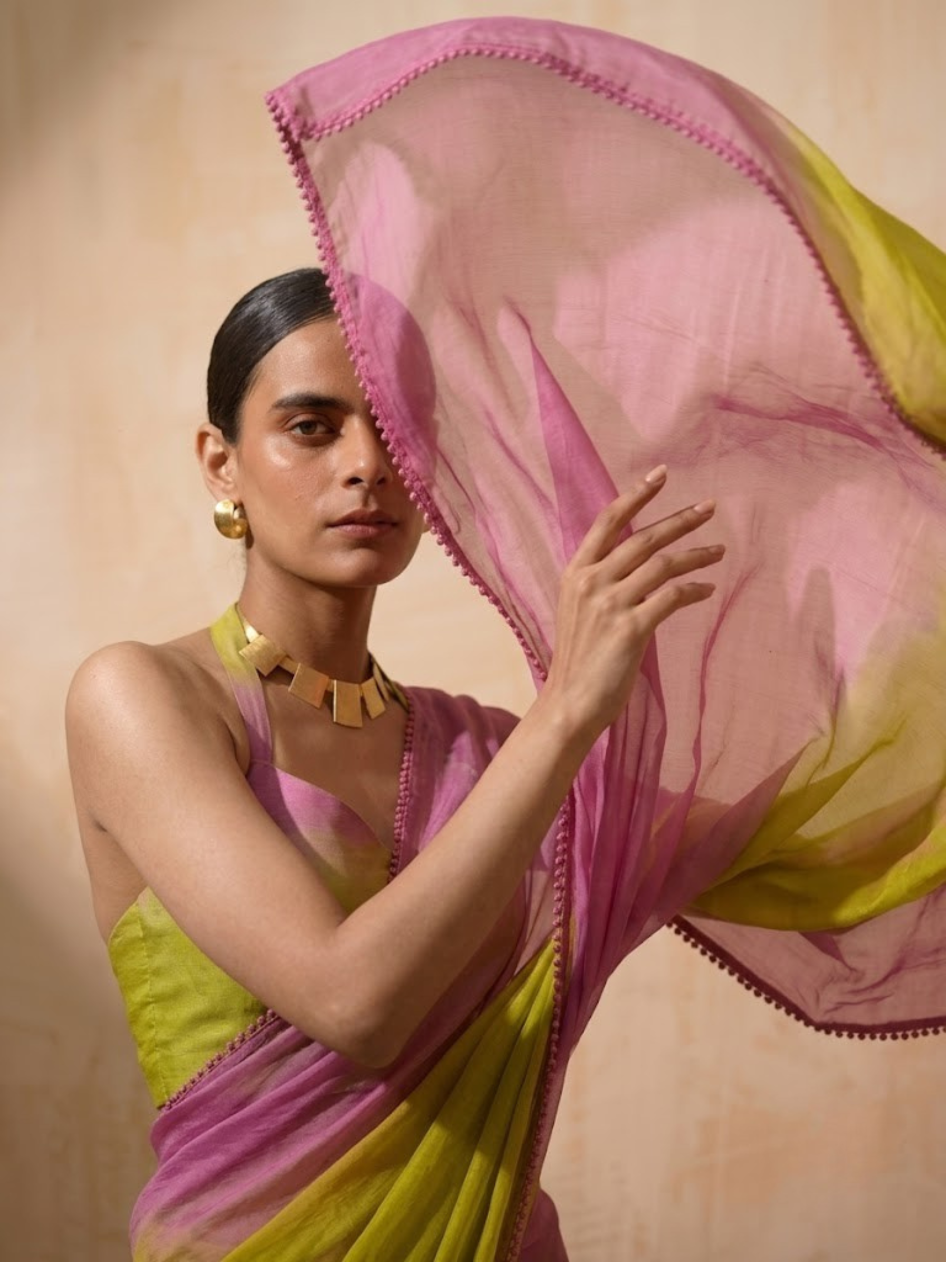 Lilac and Green Ombre Chiffon Saree with Self Fabric Blouse