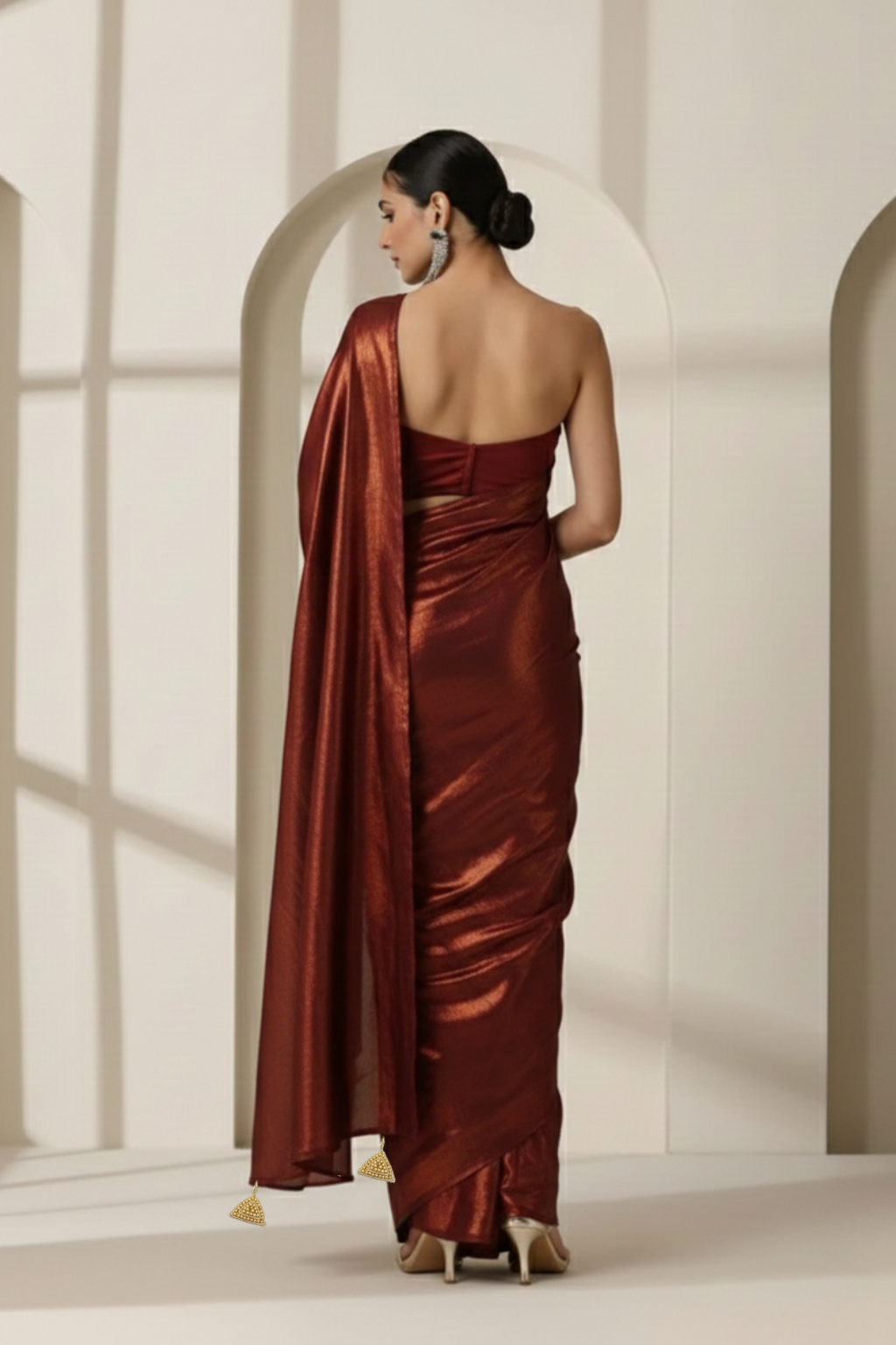 Cruella Red Gold Chiffon Saree with Pendants with Self Blouse Fabric