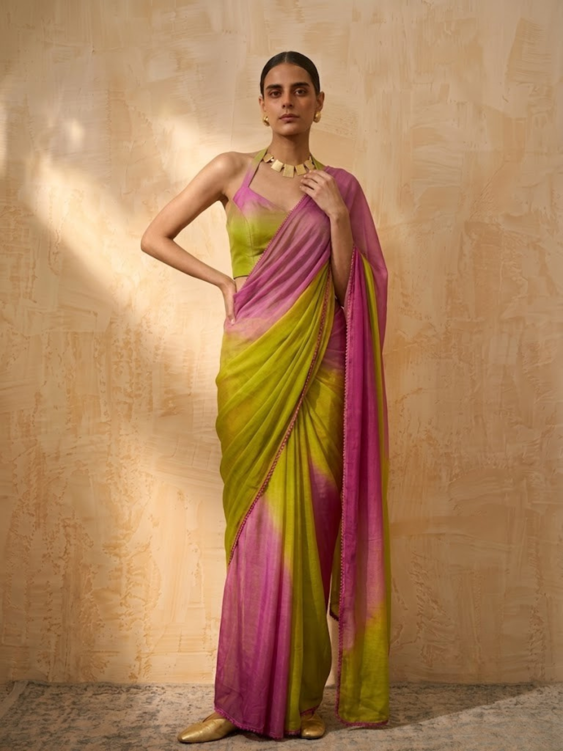 Lilac and Green Ombre Chiffon Saree with Self Fabric Blouse