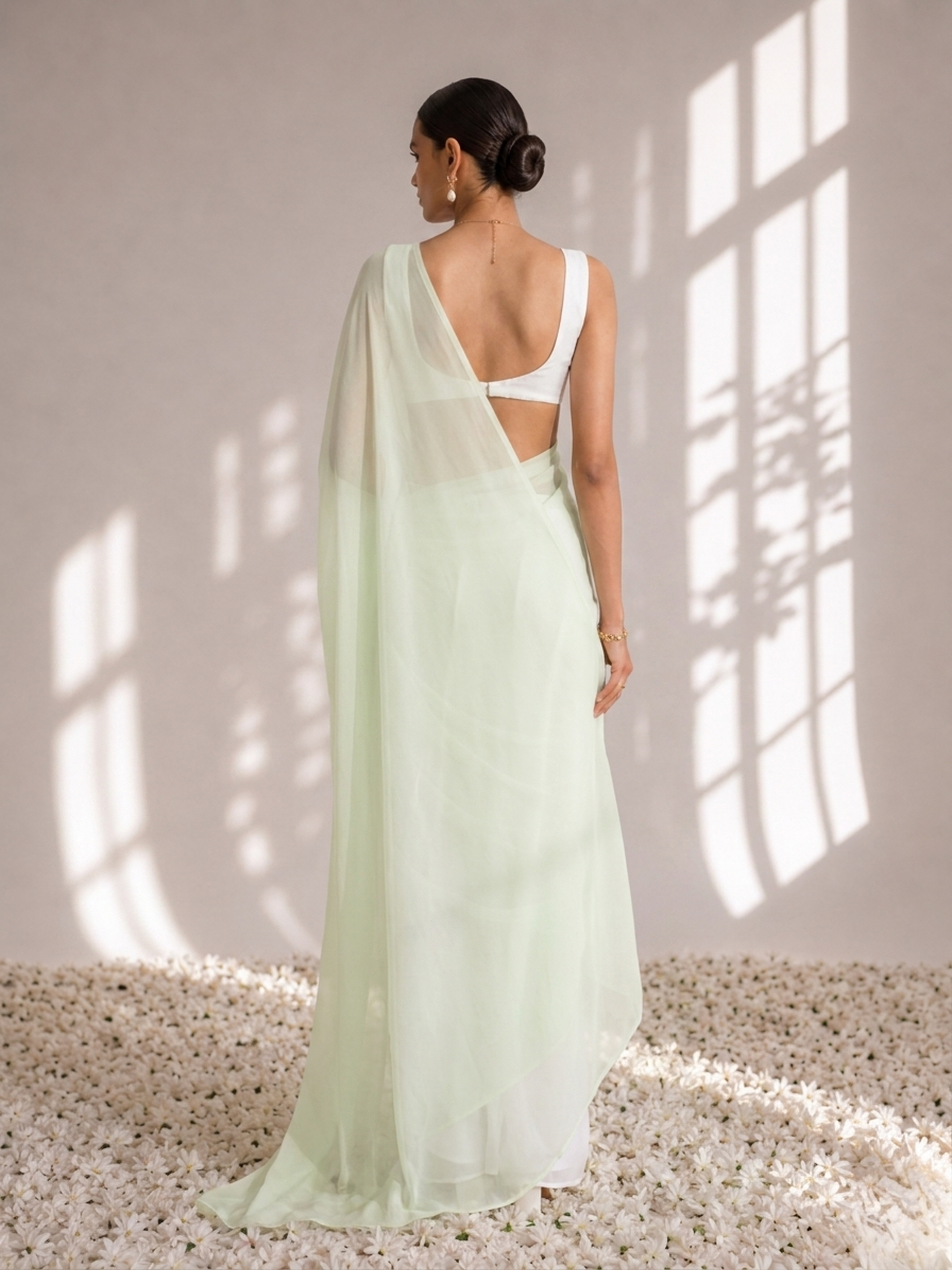 White and Sage Green Saree with Blouse Fabric