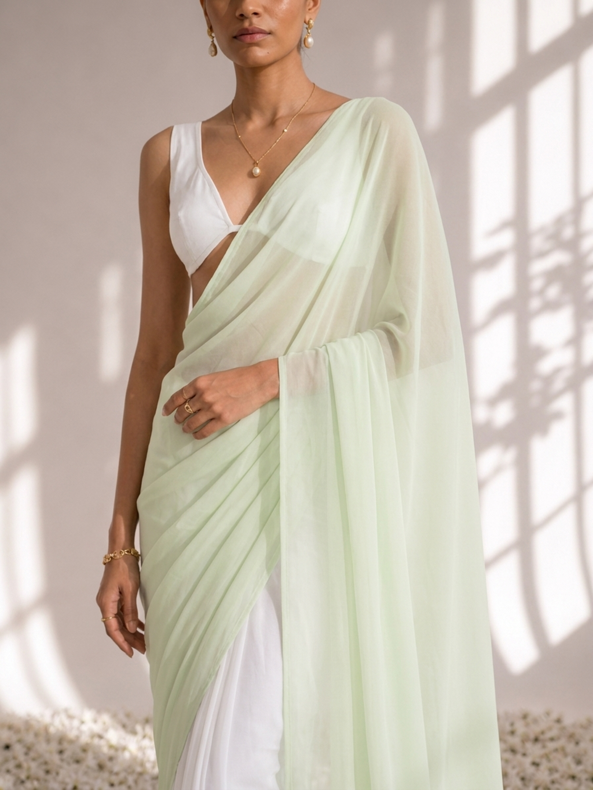 White and Sage Green Saree with Blouse Fabric