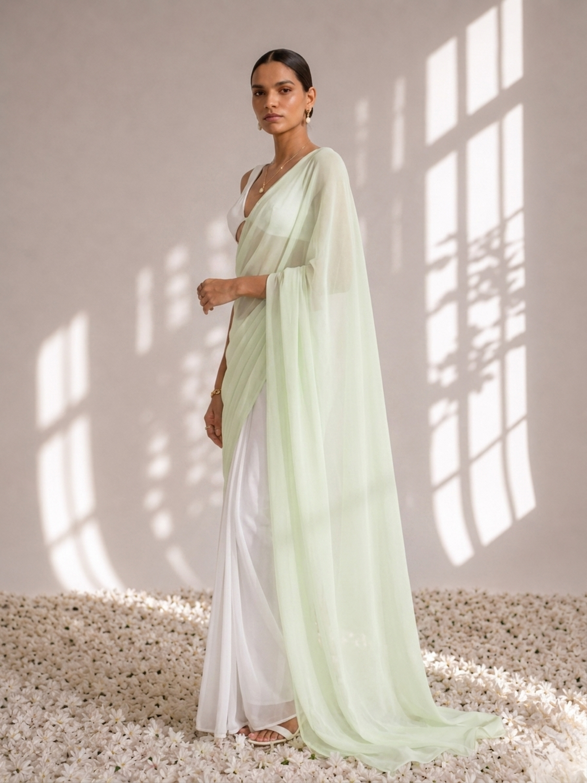 White and Sage Green Saree with Blouse Fabric
