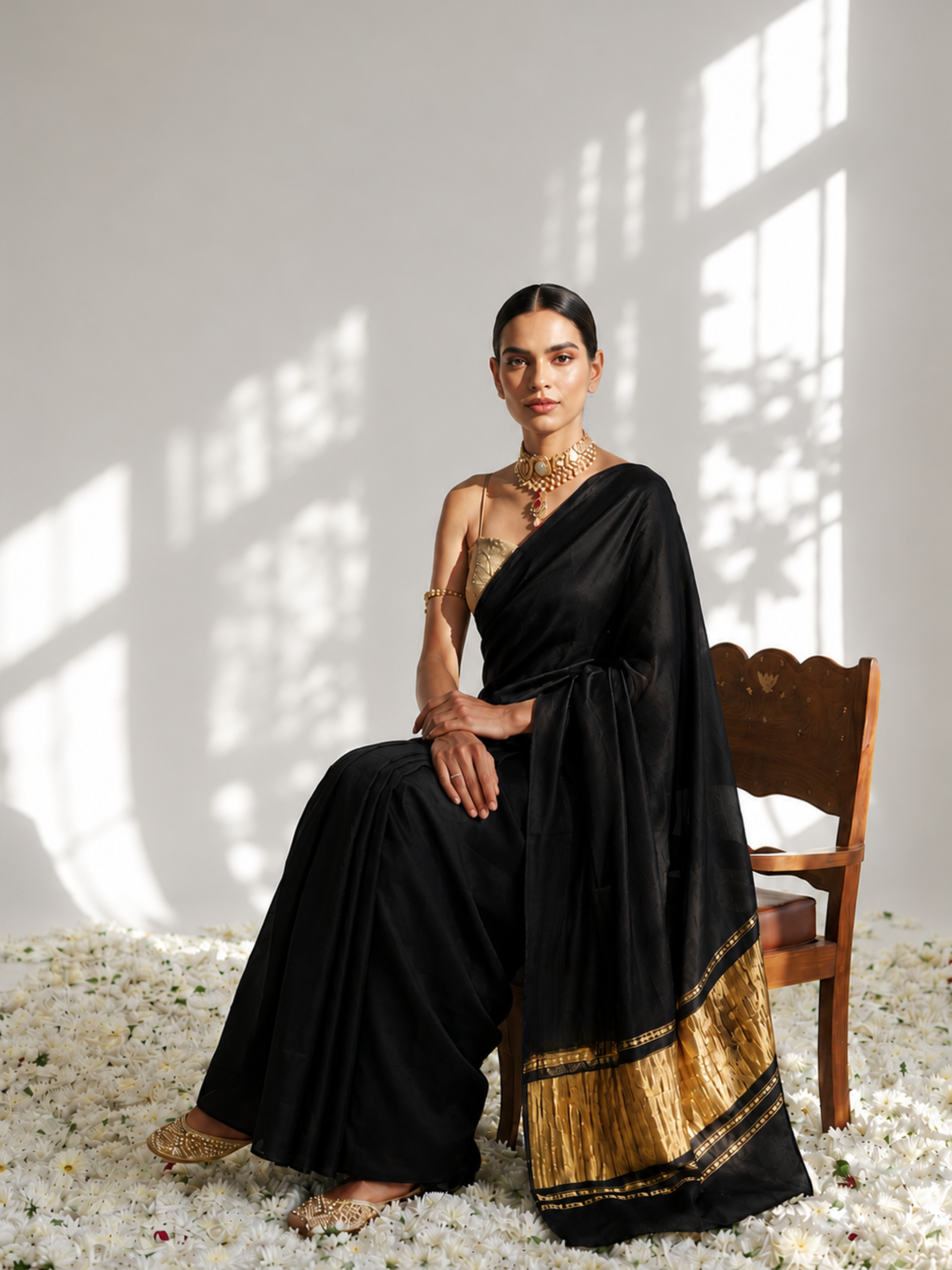 Black Modal Gajji Saree with Zari Pallu and Self Blouse Fabric