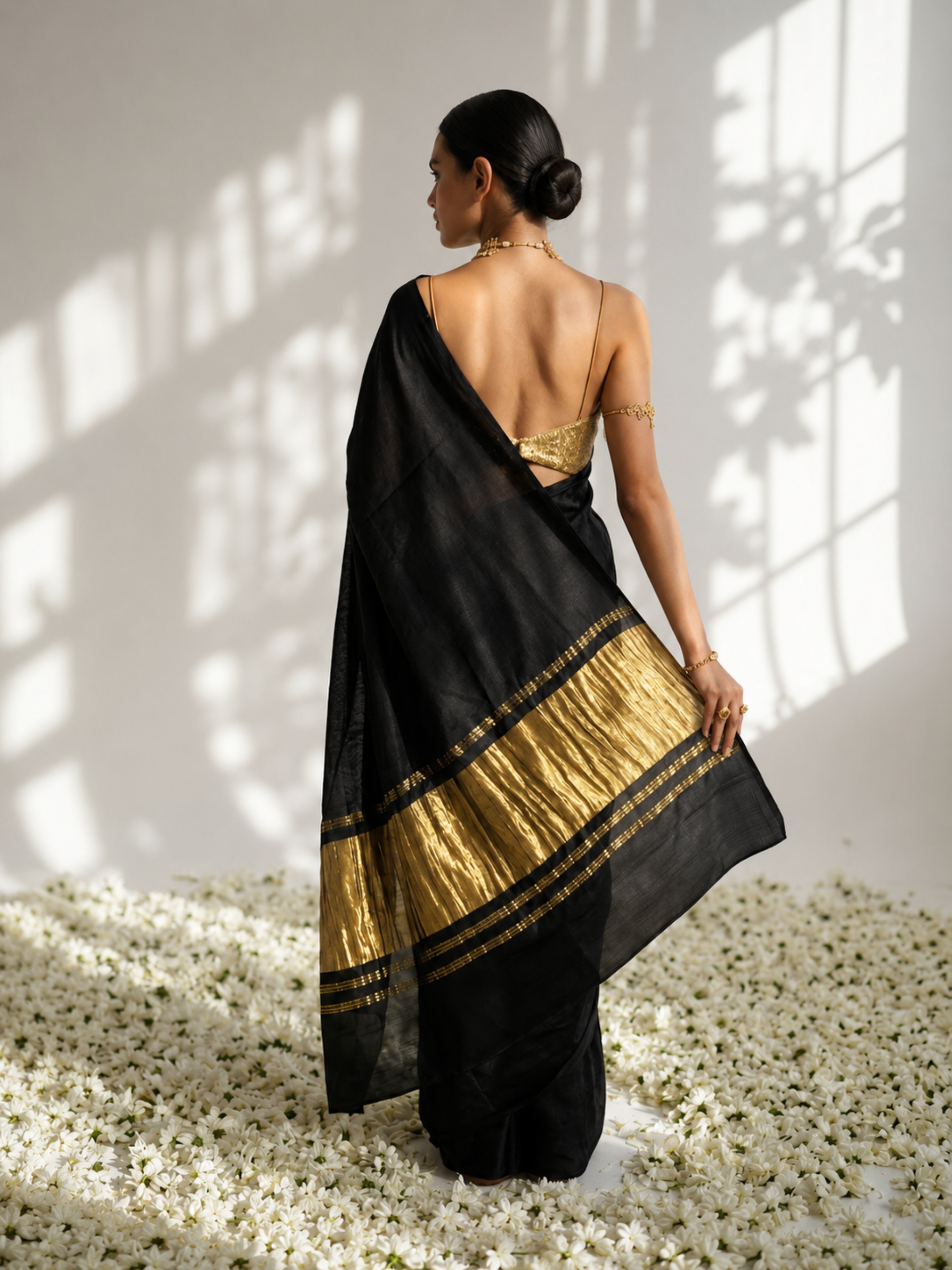Black Modal Gajji Saree with Zari Pallu and Self Blouse Fabric