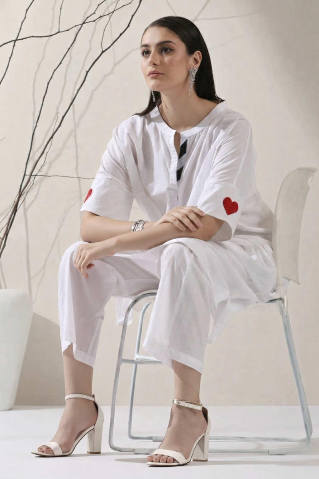Women's White Cotton Kurta with Red Heart & Pants | 2 Pc Set, Easy Fit, Playful Everyday Ethnic Co-ord