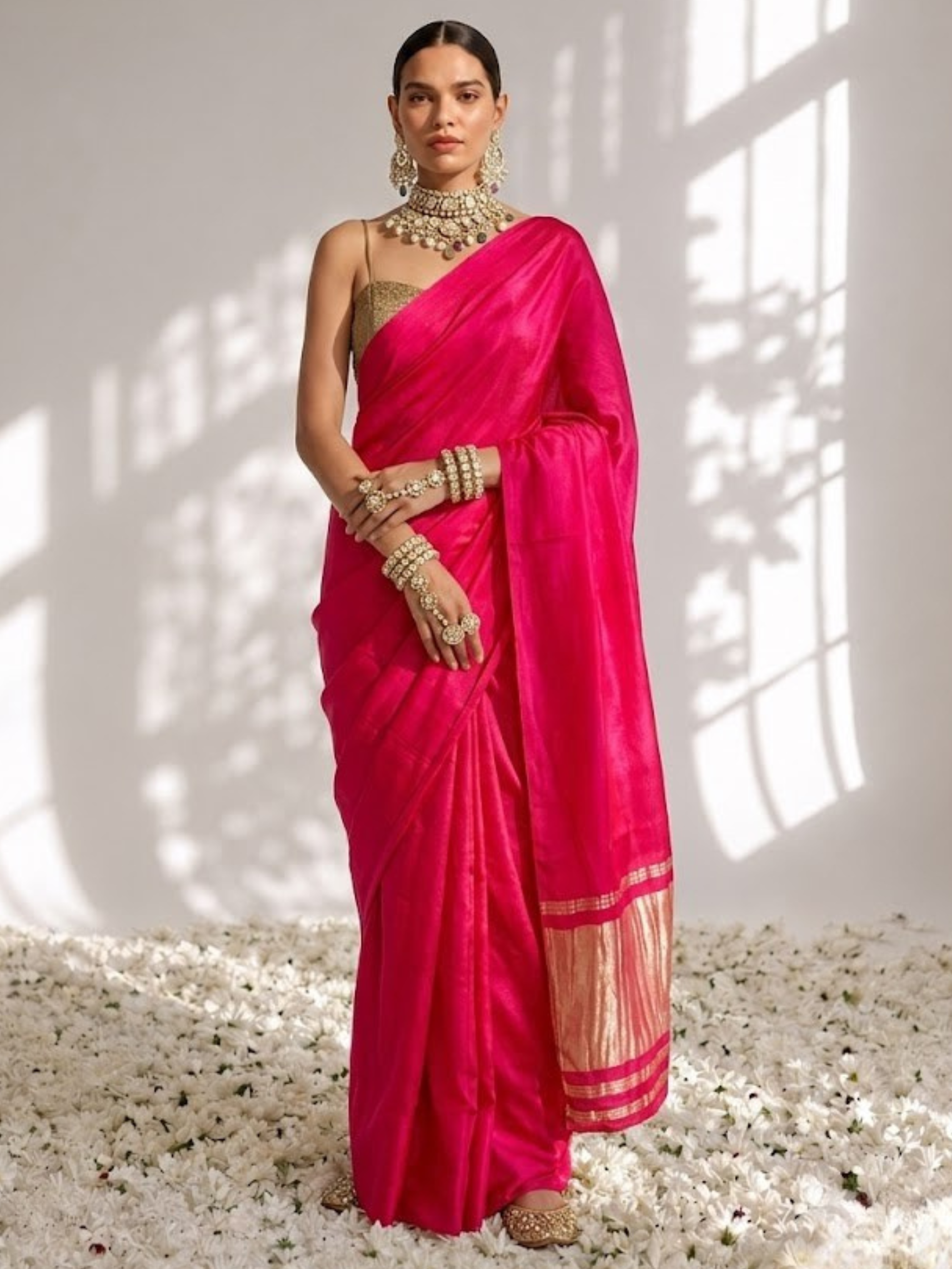 Fuchsia Modal Gajji Saree with Zari Pallu and Self Blouse Fabric