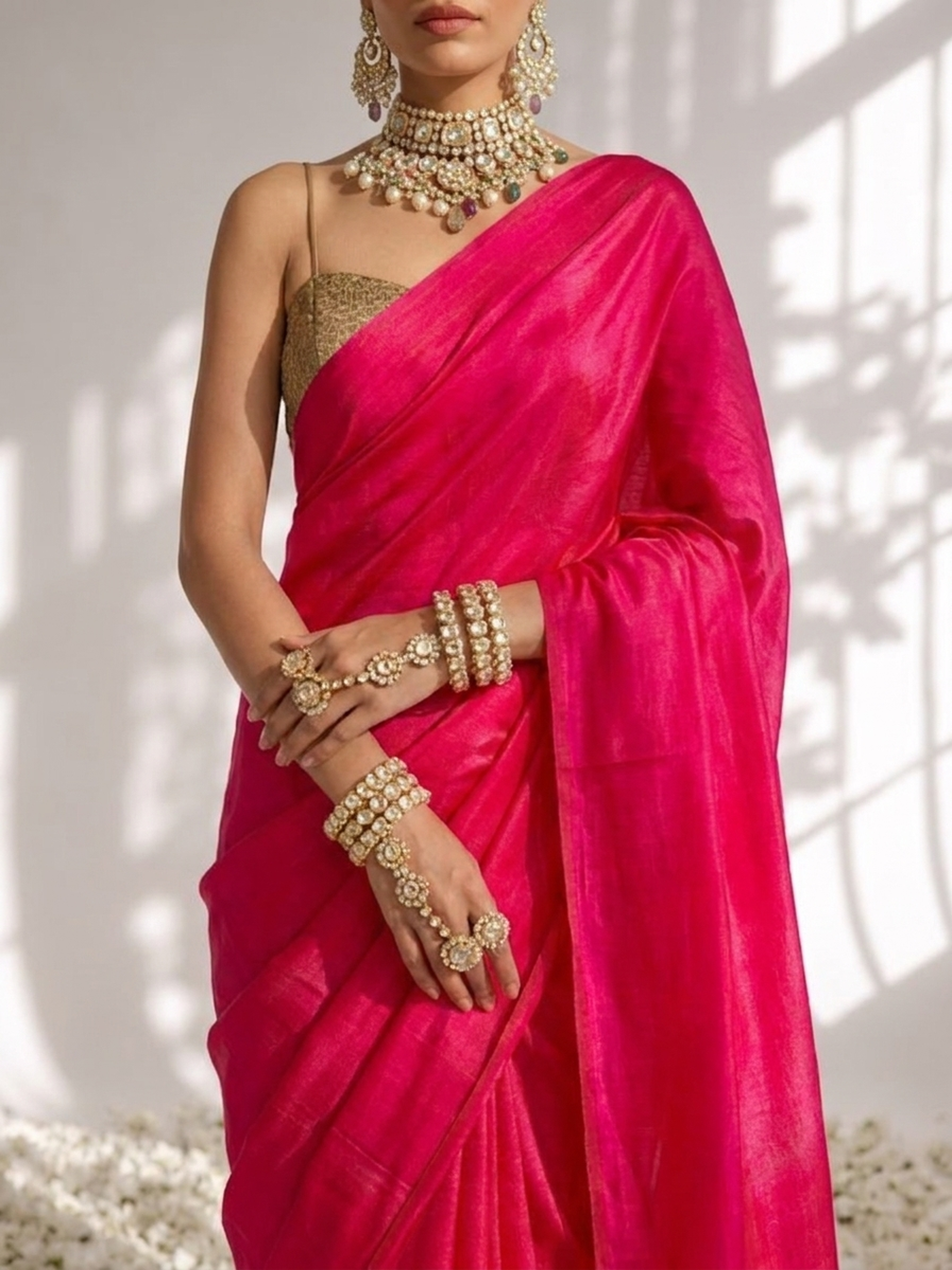 Fuchsia Modal Gajji Saree with Zari Pallu and Self Blouse Fabric