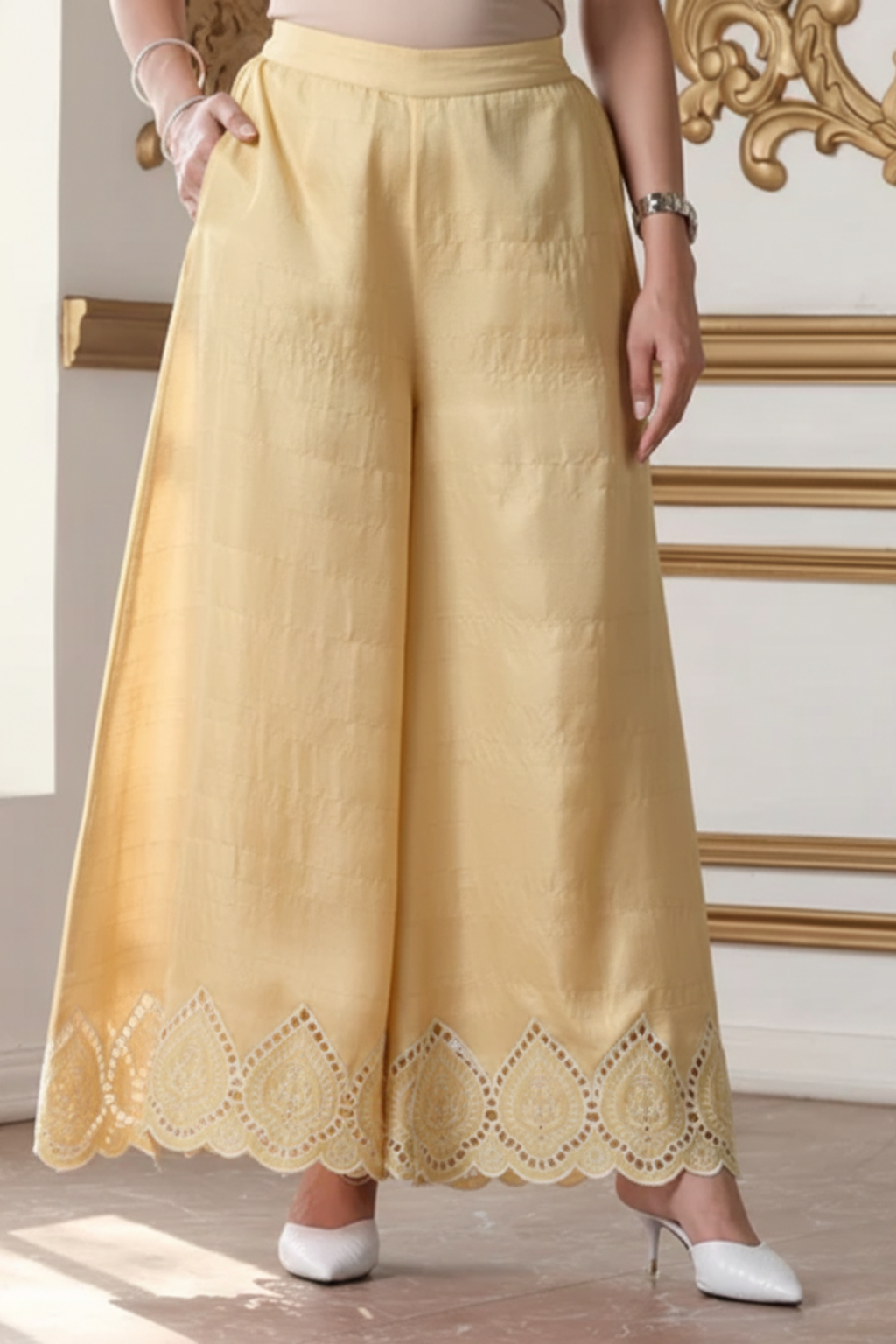 2 Pc Set - Sunshine Yellow Cotton Schiffli Embroidery Halter Neck Sleeveless Kurta with Plazzo