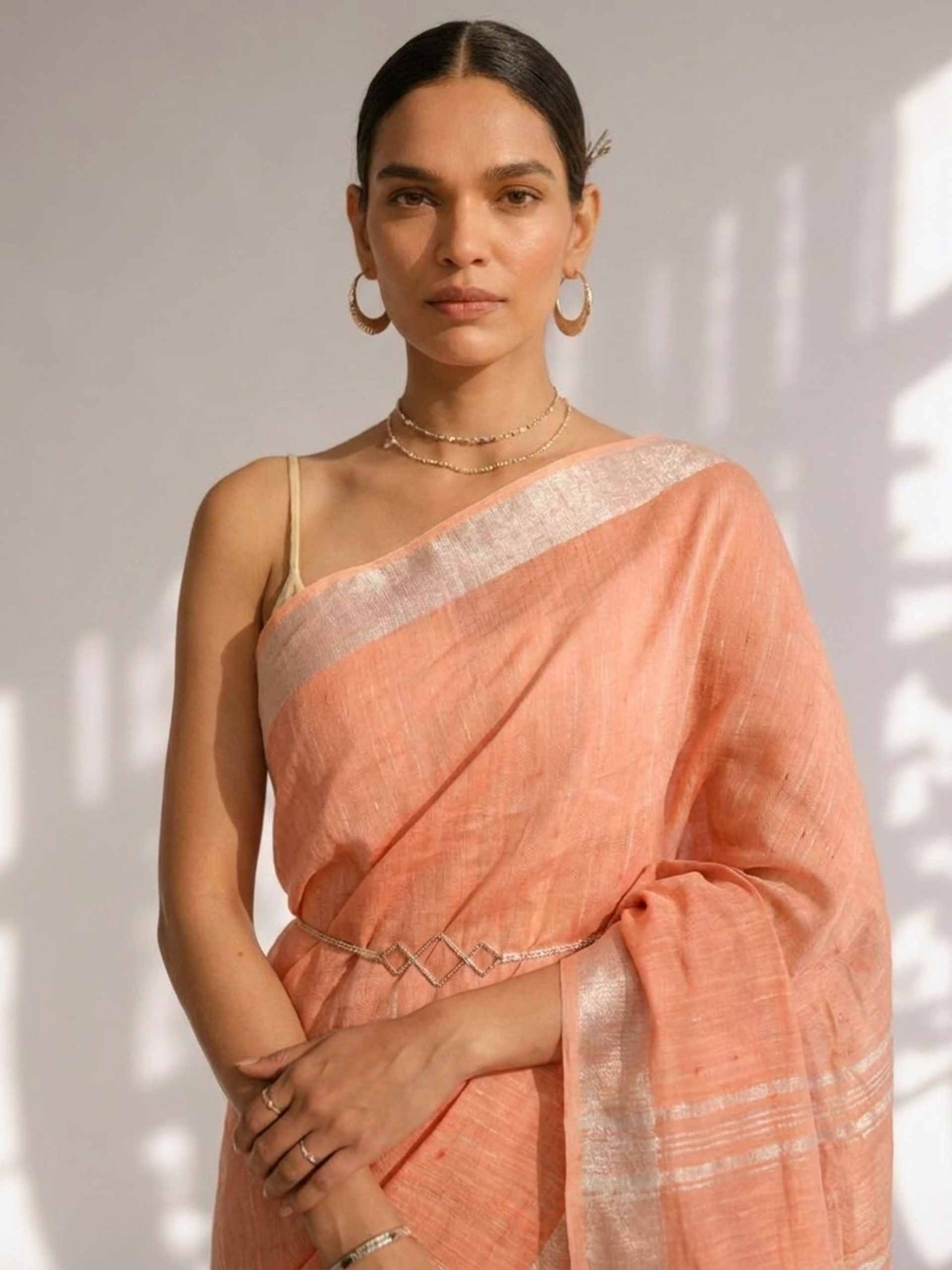 Peach Linen Saree with Self Blouse Fabric